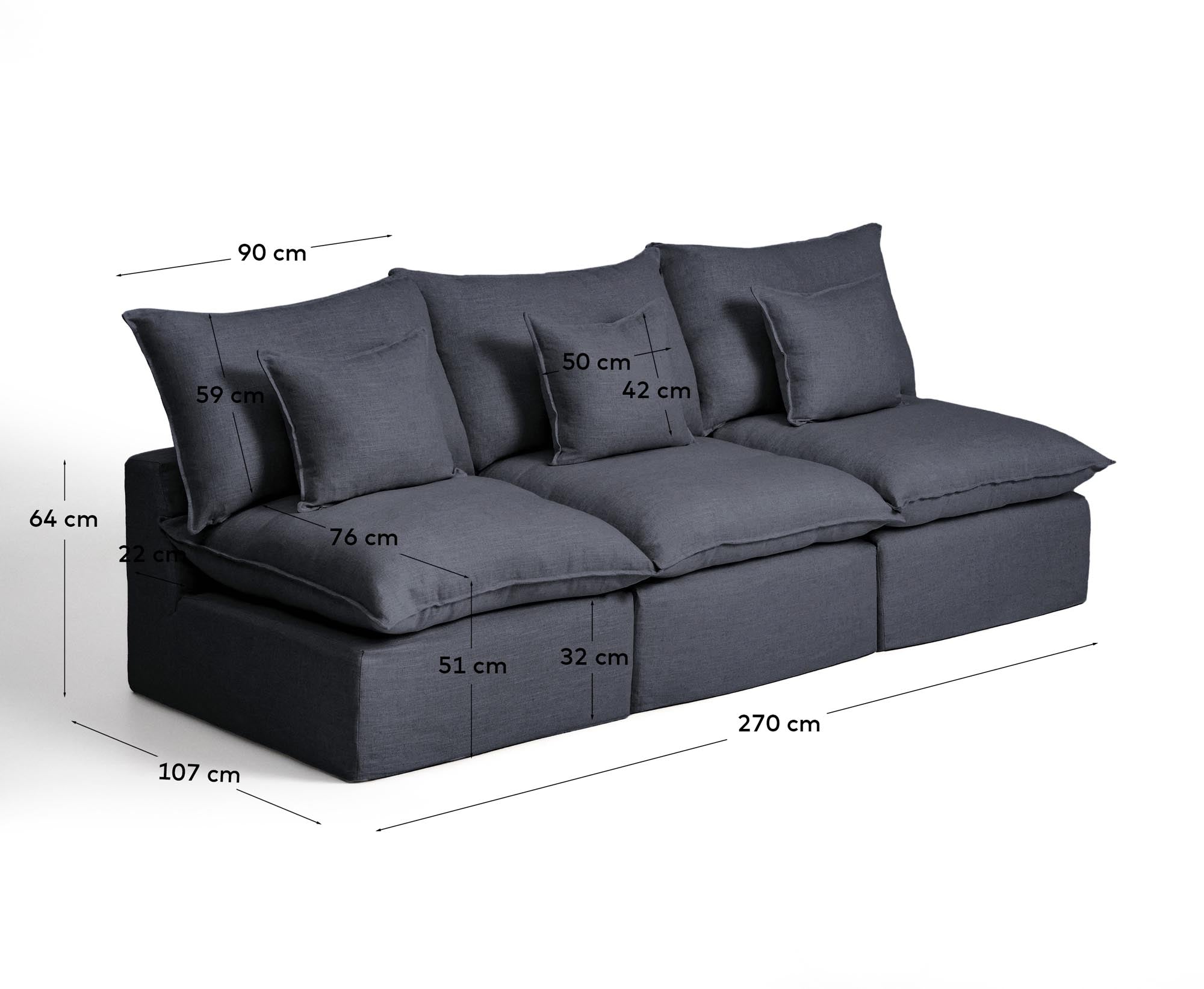 Modulares 3-Sitzer-Sofa Anarela in stilvollem Dunkelgrau, gefertigt aus Leinen und Viskose, mit abnehmbarem Bezug für einfache Pflege.