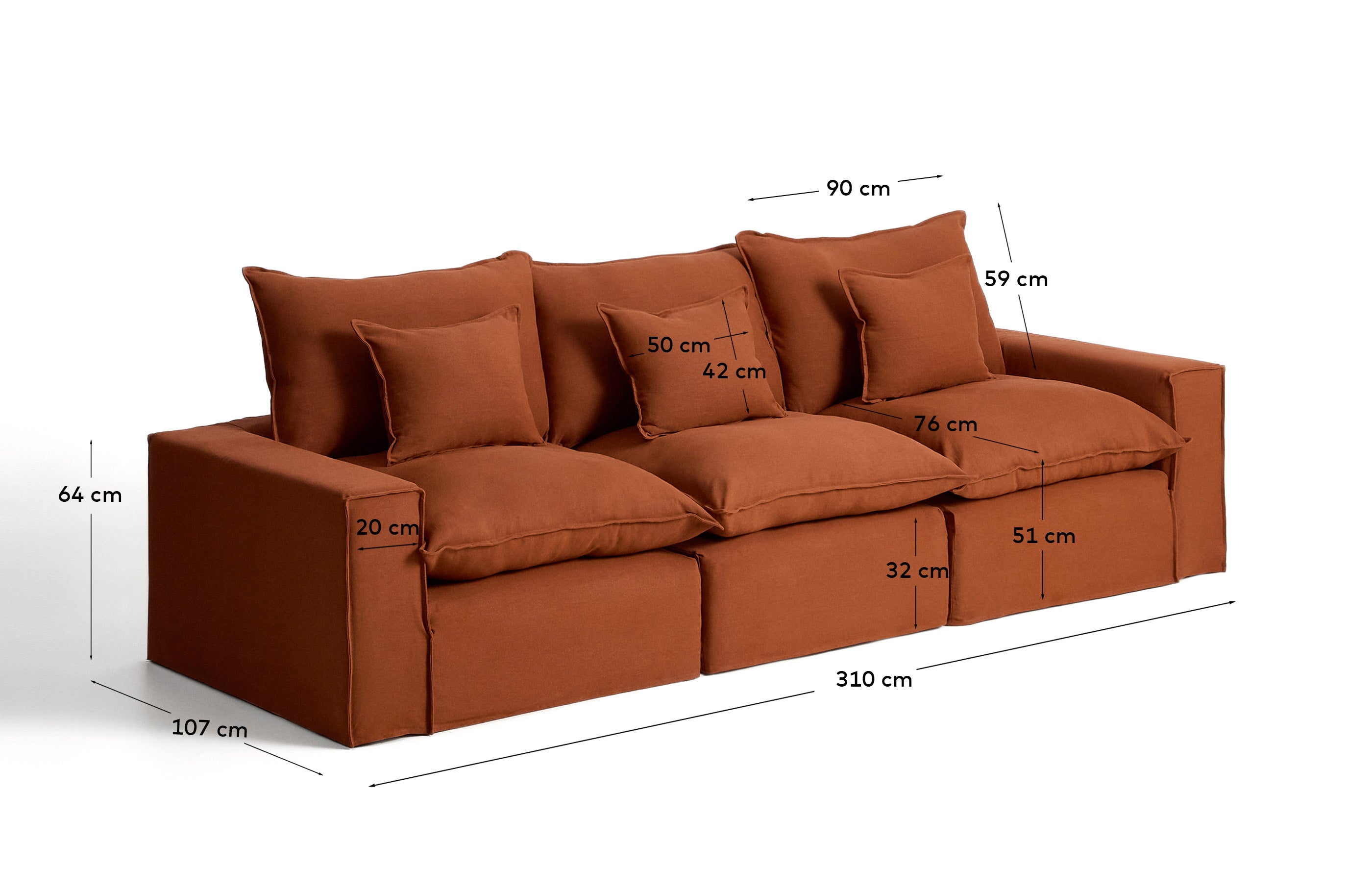 Elegantes 3-Sitzer-Modularsofa Anarela in warmem Terrakotta, aus hochwertigem Leinen mit abnehmbarem Bezug, 310 cm, nachhaltig produziert.