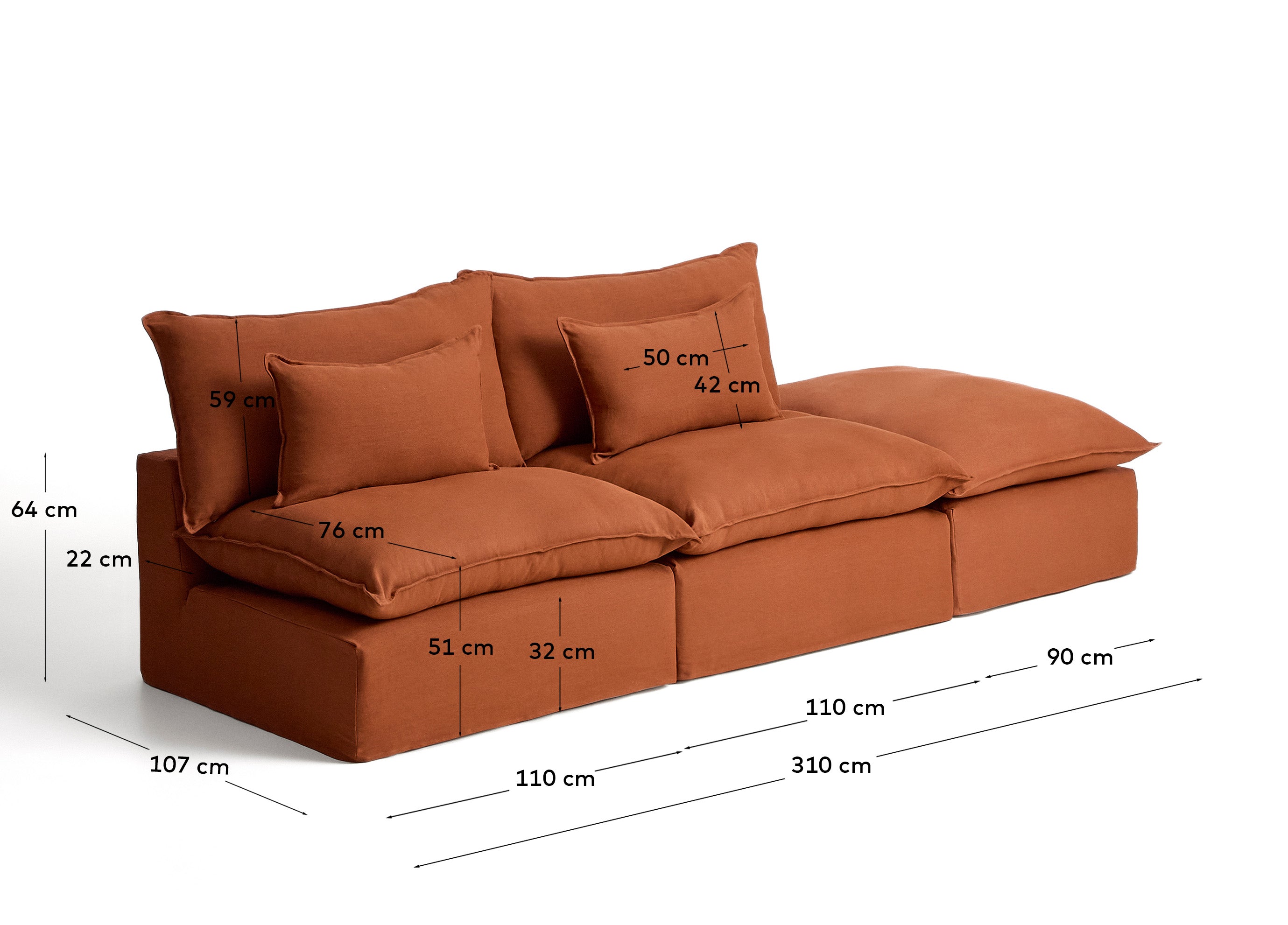 Elegantes 3-Sitzer-Modularsofa Anarela in warmem Terrakotta, aus hochwertigem Leinen mit abnehmbarem Bezug, 310 cm für modernen Komfort.