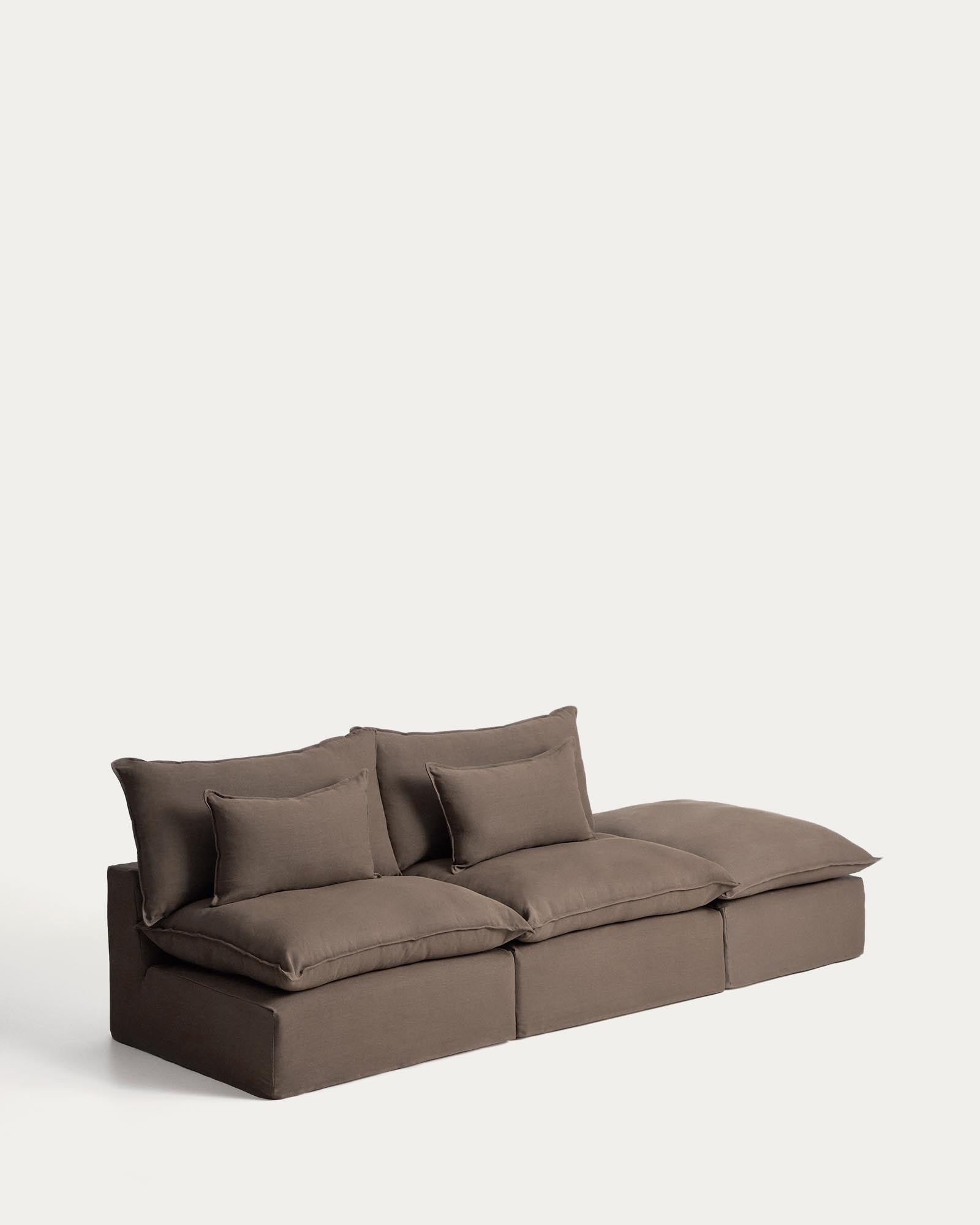 Gemütliches 3-Sitzer-Modularsofa Anarela in sanftem Taupe, ausgestattet mit abnehmbarem Leinenbezug und vielseitigem Randmodul für kreative Wohnkonzepte.