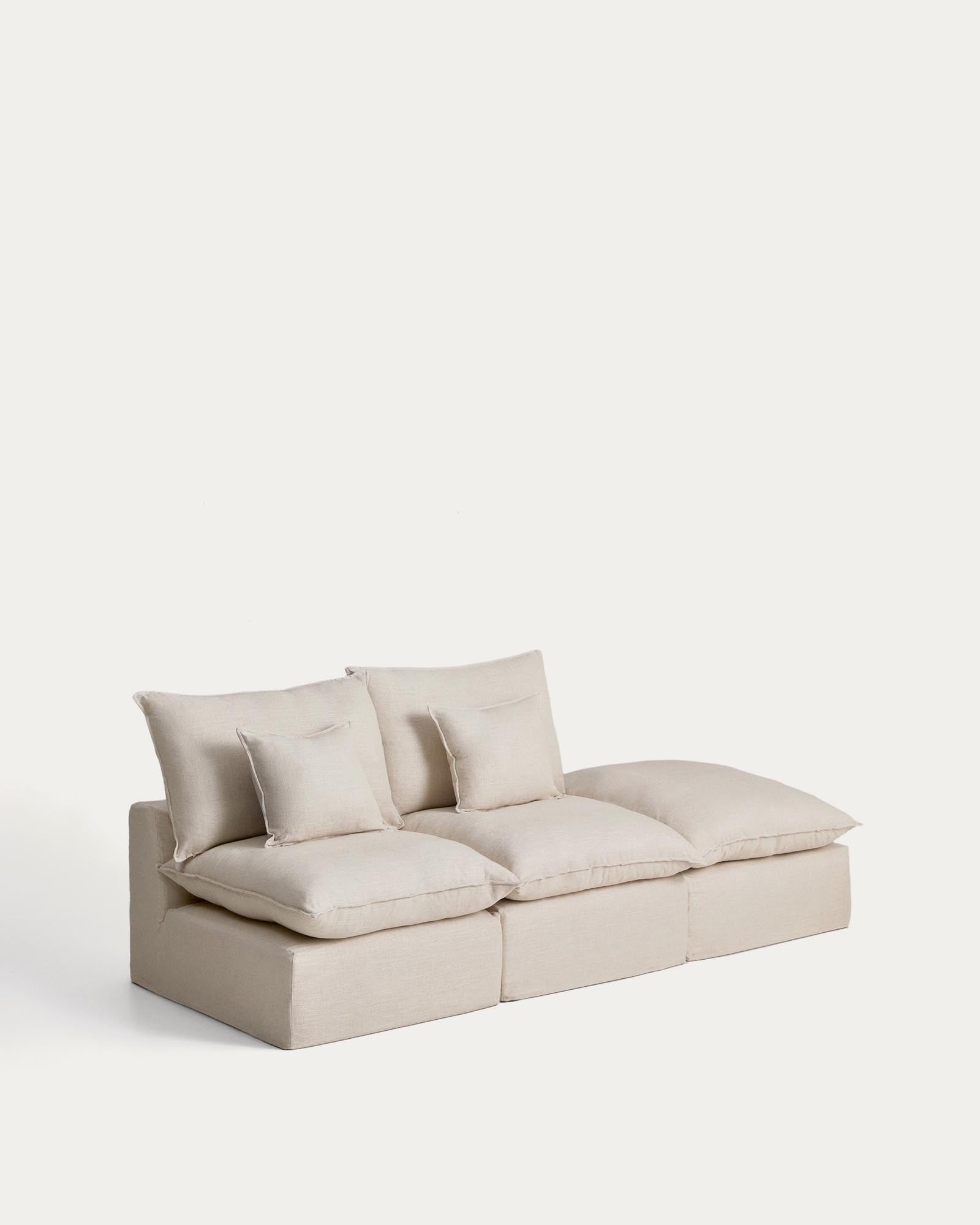 Beige 2-Sitzer-Modularsofa Anarela, 270 cm, aus Leinen und Viskose, mit abnehmbarem Bezug und elegantem Randmodul für stilvolle Wohnräume.
