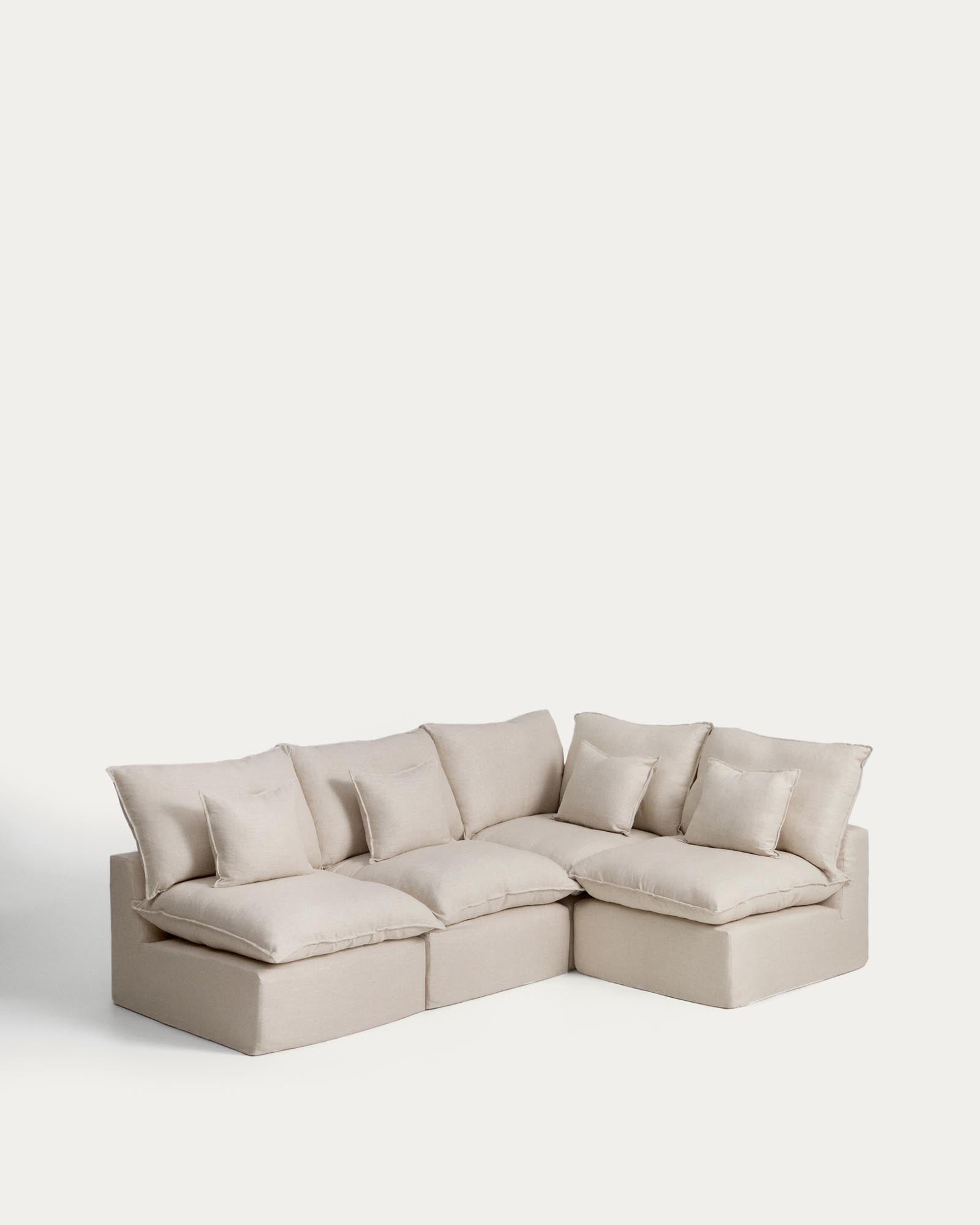 Beige modulares 4-Sitzer-Ecksofa Anarela aus Leinen und Viskose, vielseitig einsetzbar, ideal für stilvolle Wohnräume.
