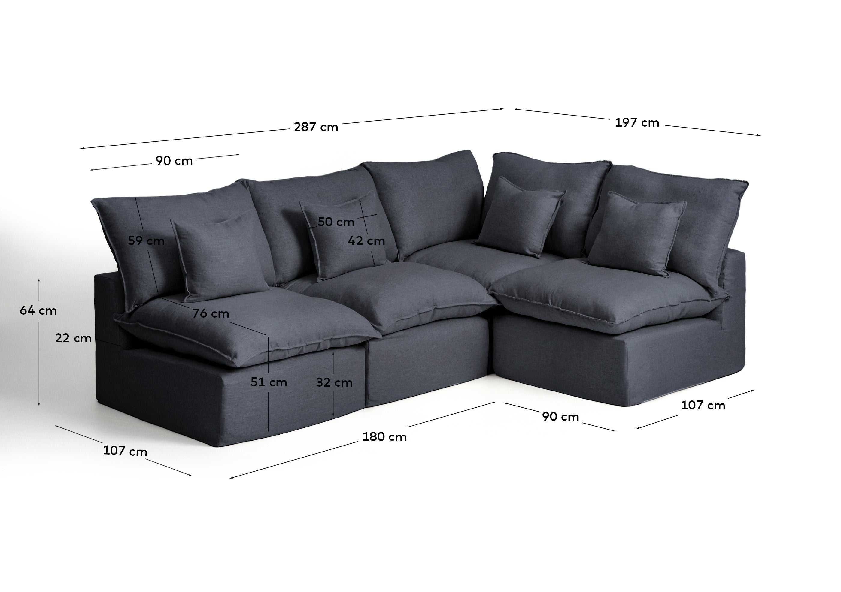 Elegantes 4-Sitzer-Ecksofa Anarela in Dunkelgrau, modulares Design mit abnehmbarem Bezug aus Leinen und Viskose, perfekt für moderne Interiors.