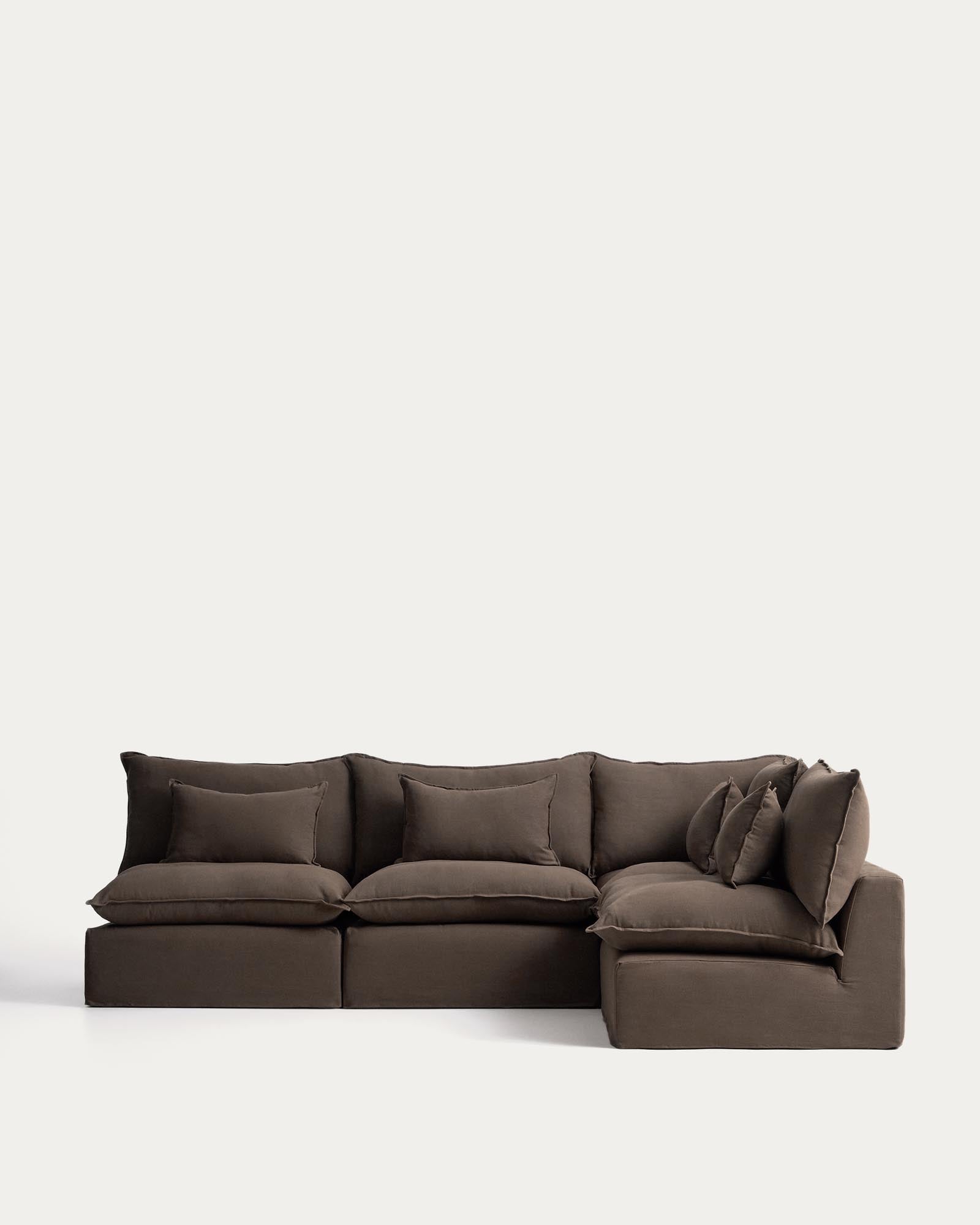 Modulares 6-Sitzer-Ecksofa Anarela mit abnehmbarem Bezug aus Leinen in Taupe, 327 x 217 cm / 217 x 327 cm, FSC Mix Credit in Taupe präsentiert im Onlineshop von KAQTU Design AG. 5er Sofa ist von Kave Home