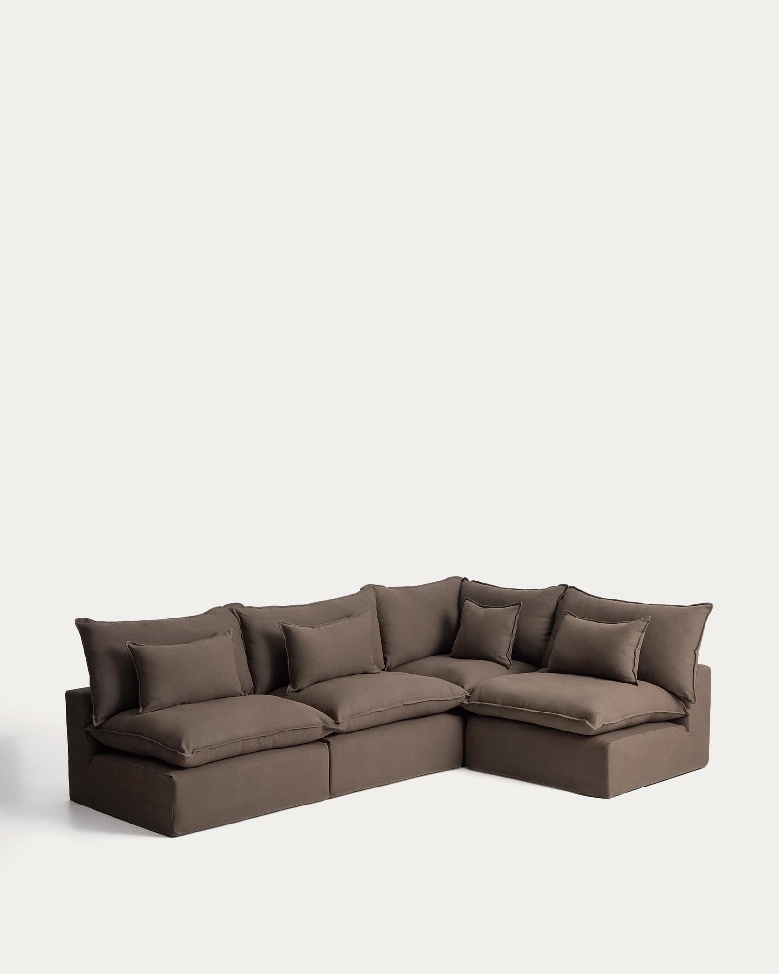 Modulares Ecksofa Anarela in Taupe, 6-Sitzer mit abnehmbarem Leinenbezug, perfekt für gemütliche Zusammenkünfte und modernes Wohndesign.