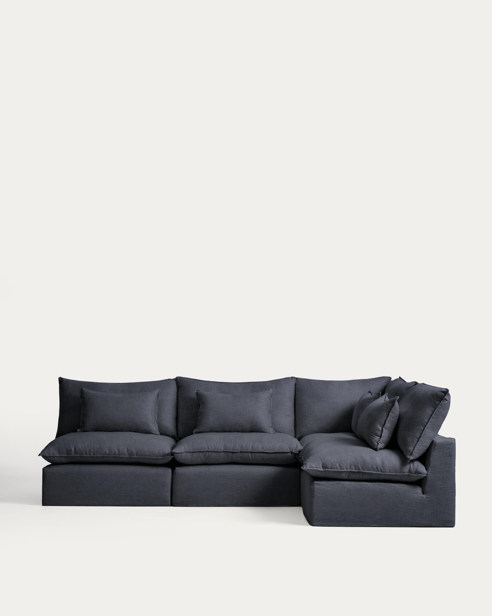 Modulares 6-Sitzer-Ecksofa Anarela mit abnehmbarem Bezug aus Leinen und Viskose in Dunkelgrau, 327 x 217 cm / 217 x 327 cm, FSC Mix Credit in Dunkelgrau präsentiert im Onlineshop von KAQTU Design AG. 5er Sofa ist von Kave Home