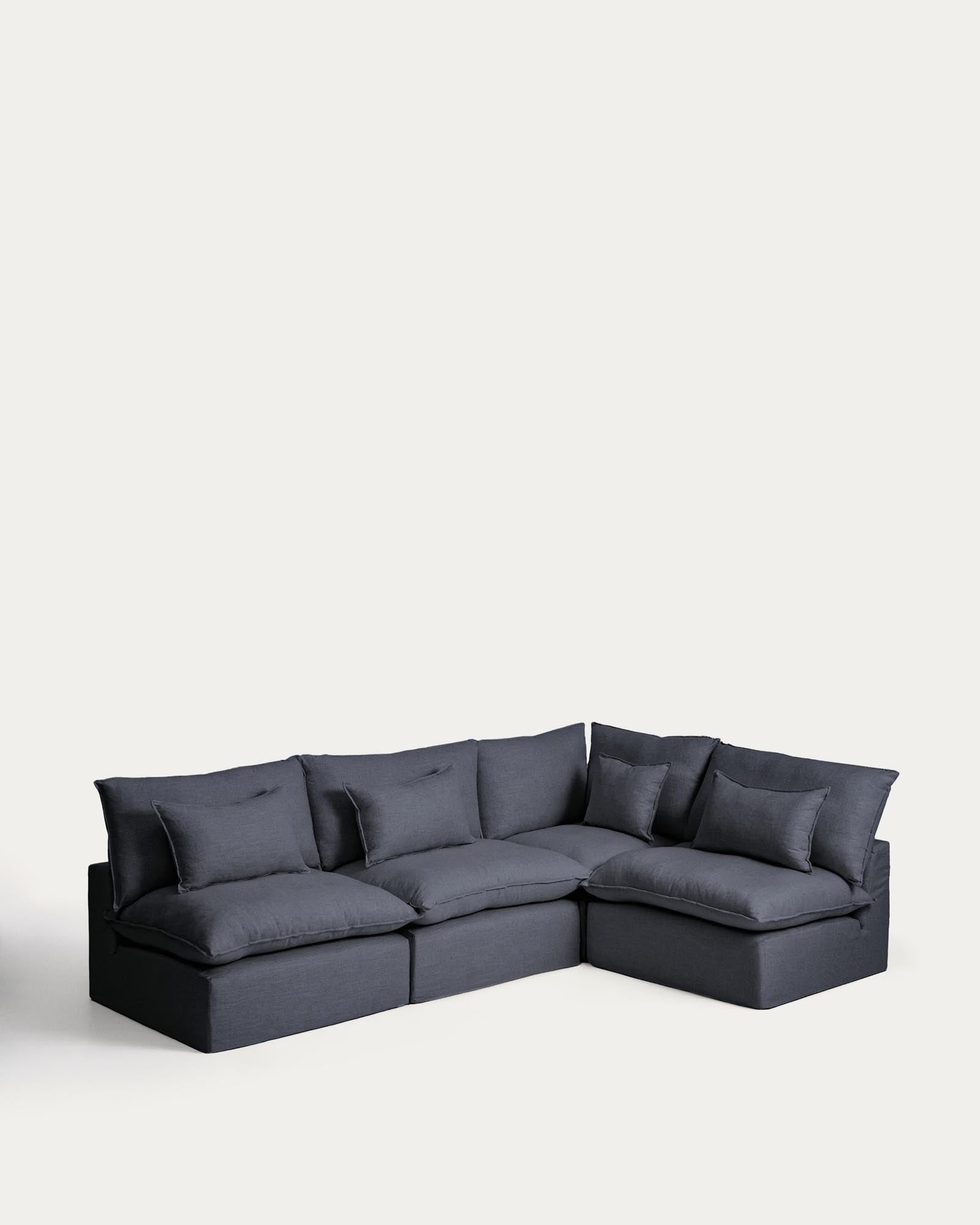 Elegantes 6-Sitzer-Ecksofa Anarela in Dunkelgrau, mit abnehmbarem Bezug aus Leinen und Viskose, ideal für stilvolle Wohnräume.