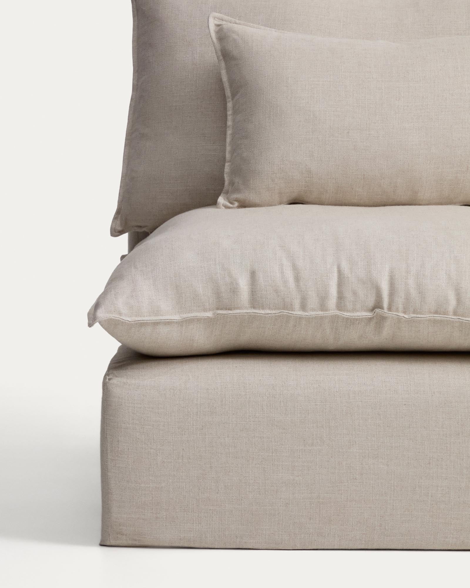 Beige modulares 6-Sitzer-Ecksofa Anarela aus Leinen und Viskose, 347 x 307 cm, stilvoll und praktisch mit abnehmbarem Bezug, ideal für jedes Wohnzimmer.