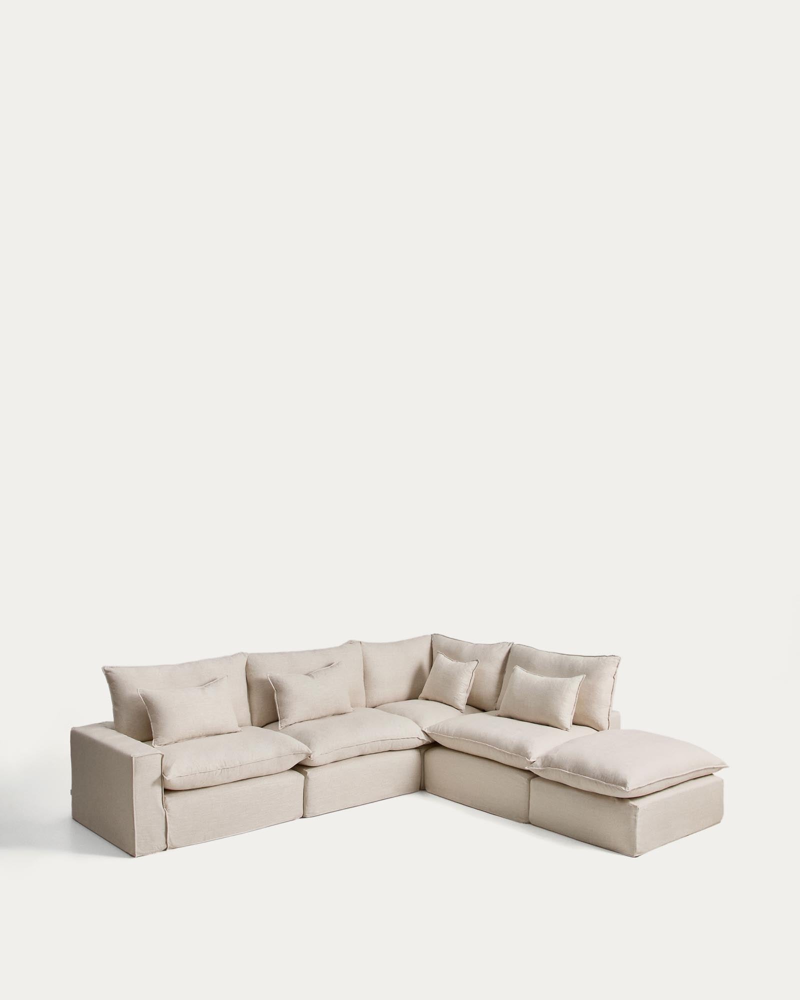 Beige modulares Ecksofa Anarela für 6 Personen, gefertigt aus Leinen und Viskose, 347 x 307 cm, mit abnehmbarem Bezug für einfache Pflege.