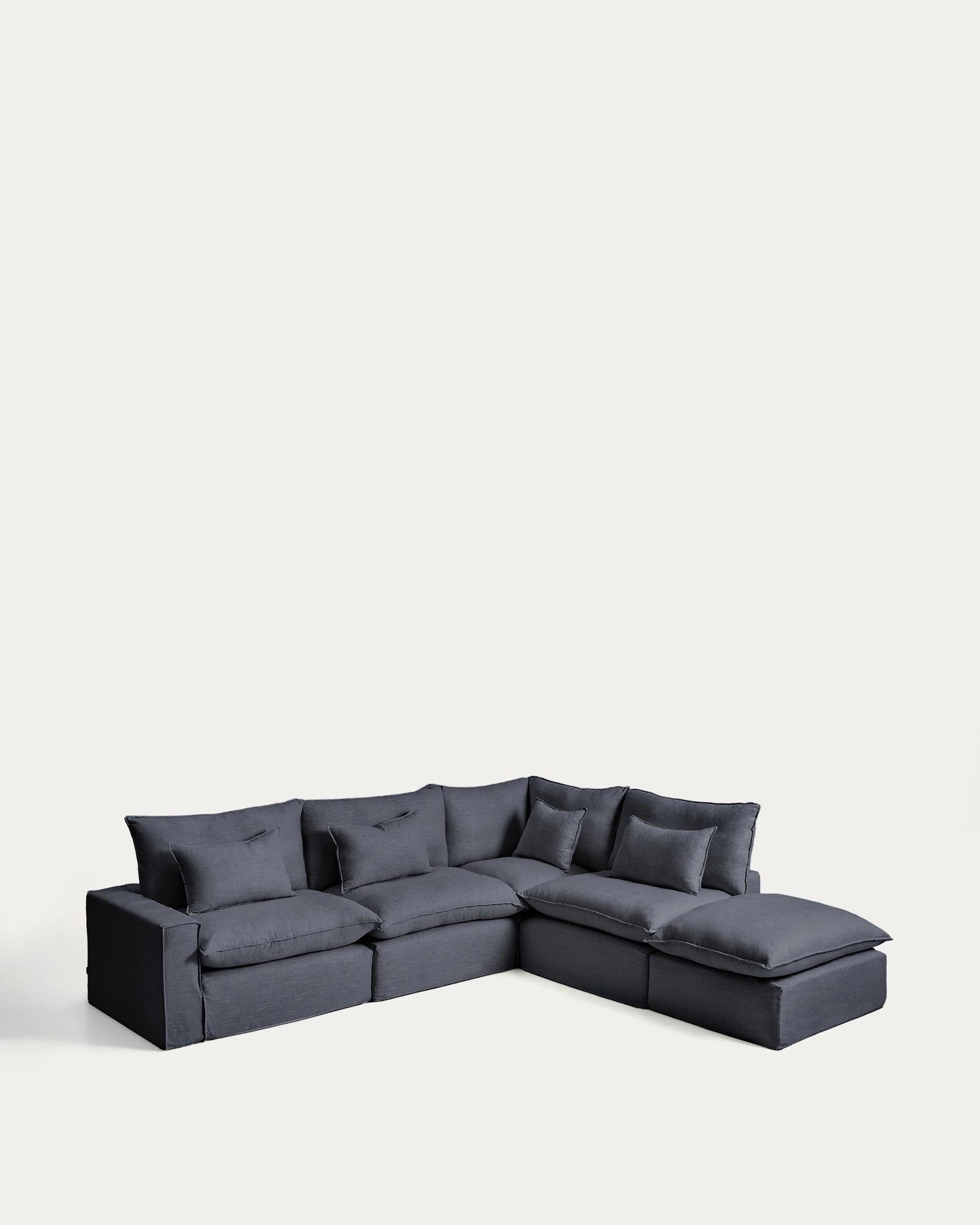 Modulares Ecksofa Anarela in Dunkelgrau, 6-Sitzer mit abnehmbarem Leinen-Viskose-Bezug, ideal für stilvolle Wohnräume, 347 x 307 cm.