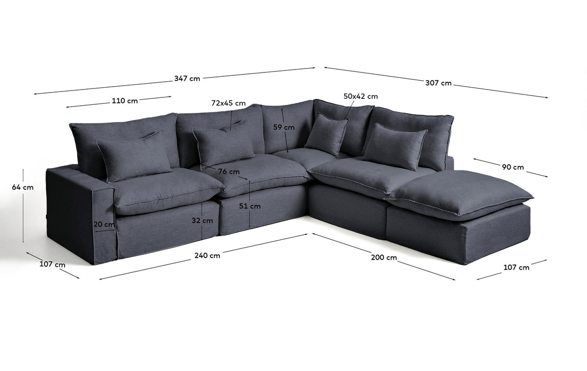 Modulares 6-Sitzer-Ecksofa Anarela mit abnehmbarem Bezug aus Leinen und Viskose in Dunkelgrau, 347 x 307 cm, FSC Mix Credit in Dunkelgrau präsentiert im Onlineshop von KAQTU Design AG. 5er Sofa ist von Kave Home