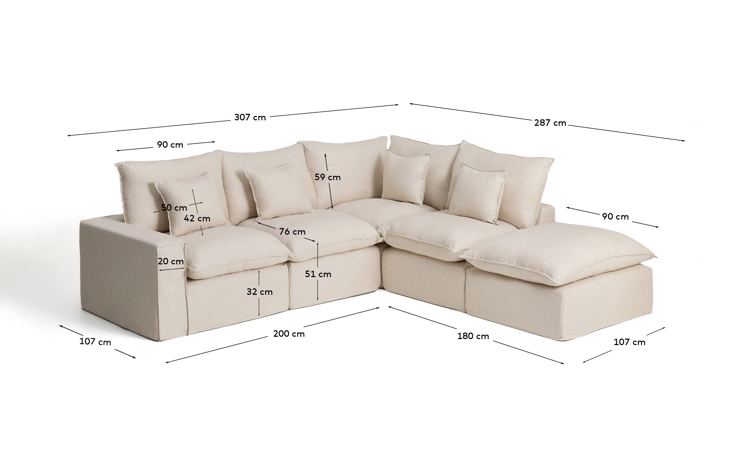 Beige Ecksofa Anarela für 4 Personen, modulares Design aus Leinen und Viskose, 307 x 287 cm, stilvoll und nachhaltig mit FSC Mix Credit.