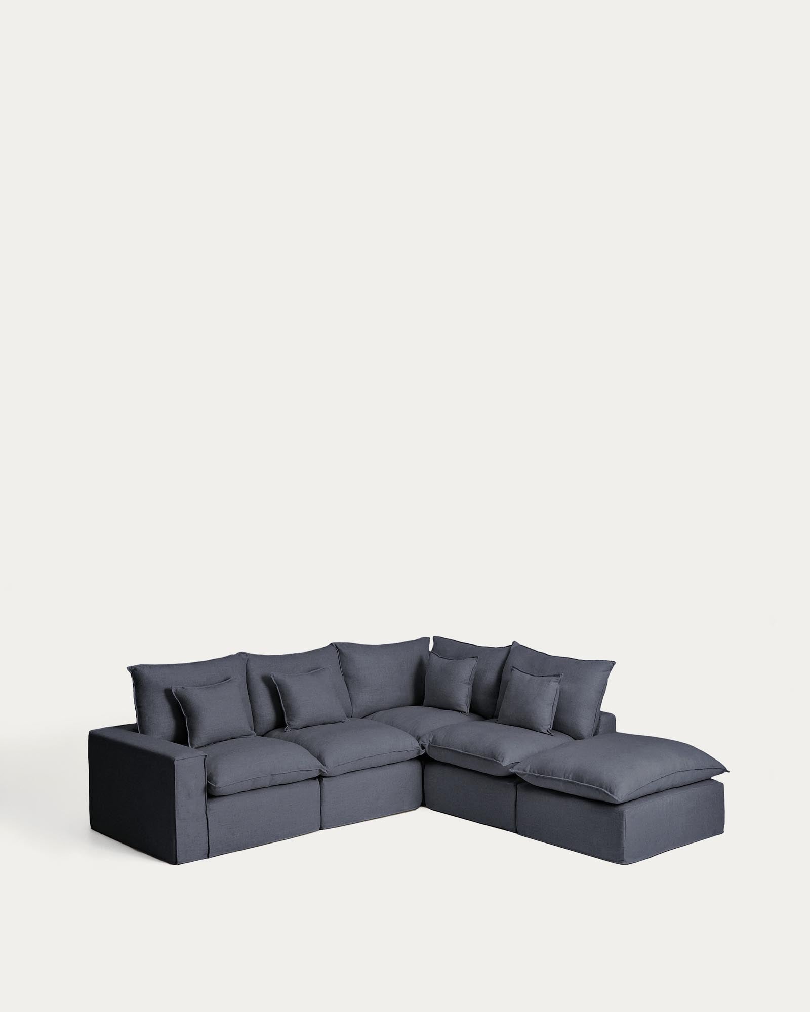 Elegantes, modulares Ecksofa Anarela in Dunkelgrau, ideal für stilvolle Wohnräume, mit abnehmbarem Bezug aus hochwertigem Leinen und Viskose.