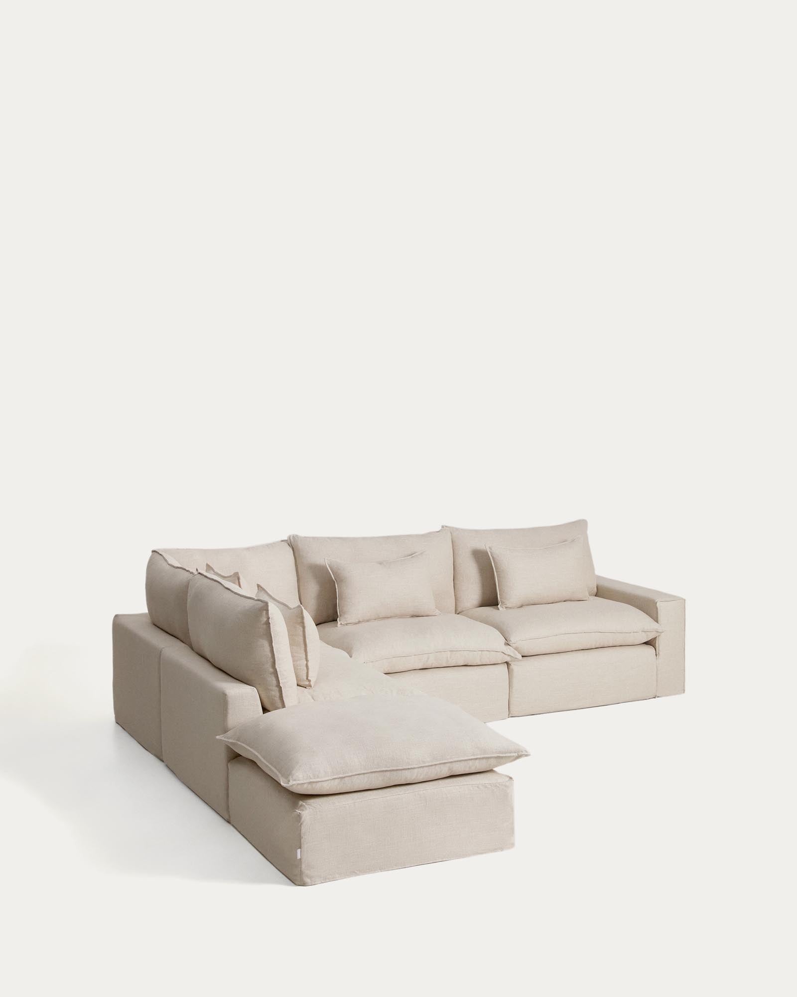 Modulares Ecksofa Anarela in Beige, 6-Sitzer mit abnehmbarem Leinen-Viskose-Bezug, perfekt für moderne Wohnkonzepte, Maße 307 x 347 cm.