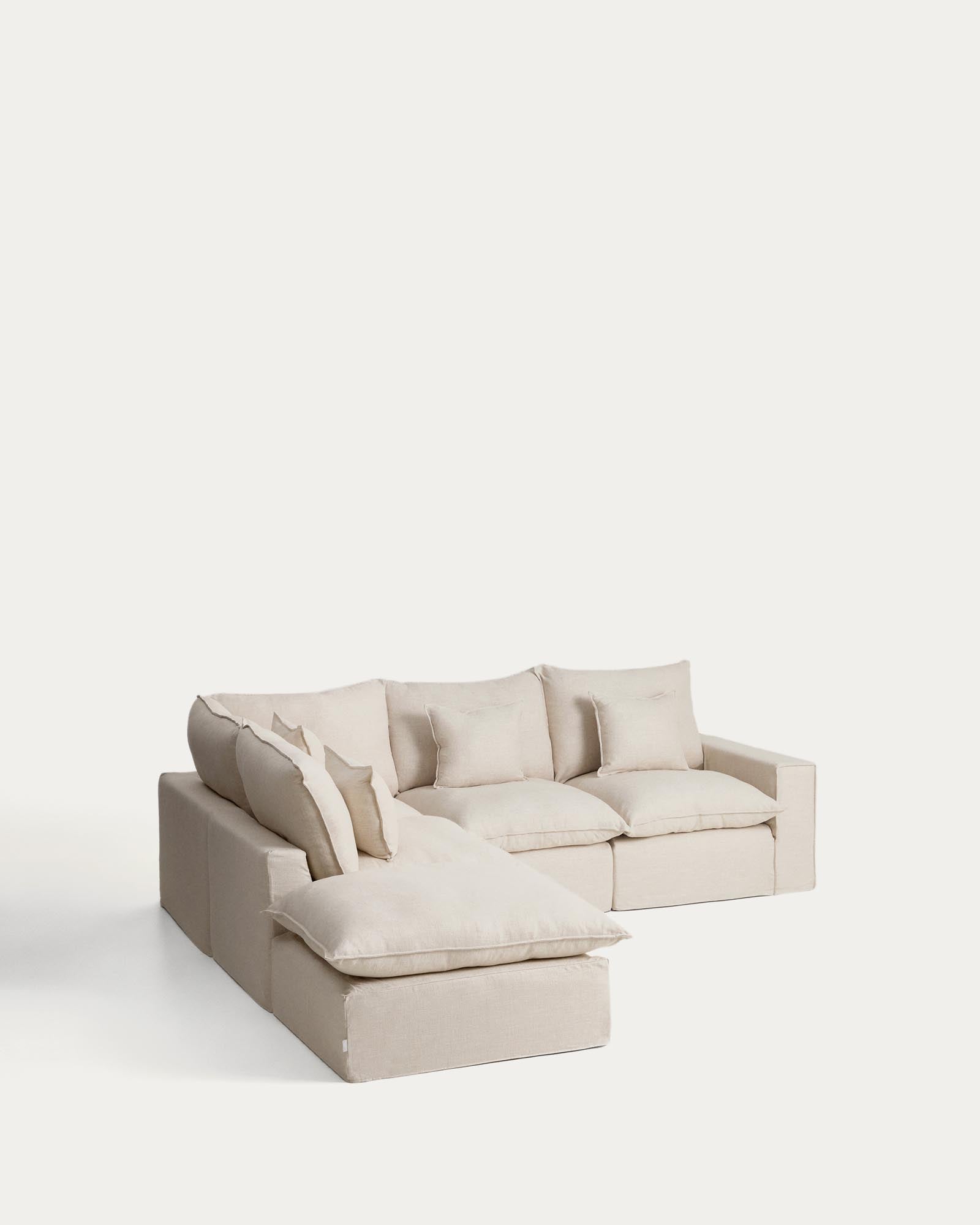 Beige modulares Ecksofa Anarela für 4 Personen, aus Leinen und Viskose, mit abnehmbarem Bezug, ideal für moderne Wohnkonzepte, Maße 287 x 307 cm.