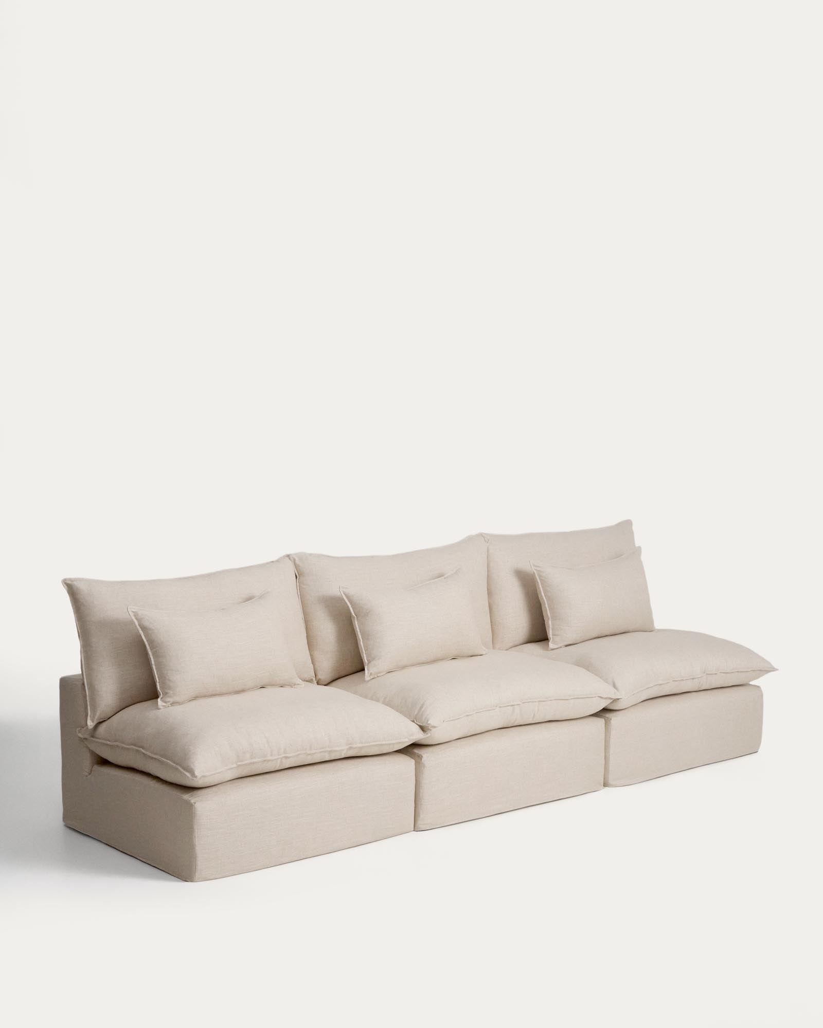 Beige 5-Sitzer-Modularsofa Anarela, 330 cm, mit abnehmbarem Bezug aus Leinen und Viskose, ideal für moderne und gemütliche Wohnräume.