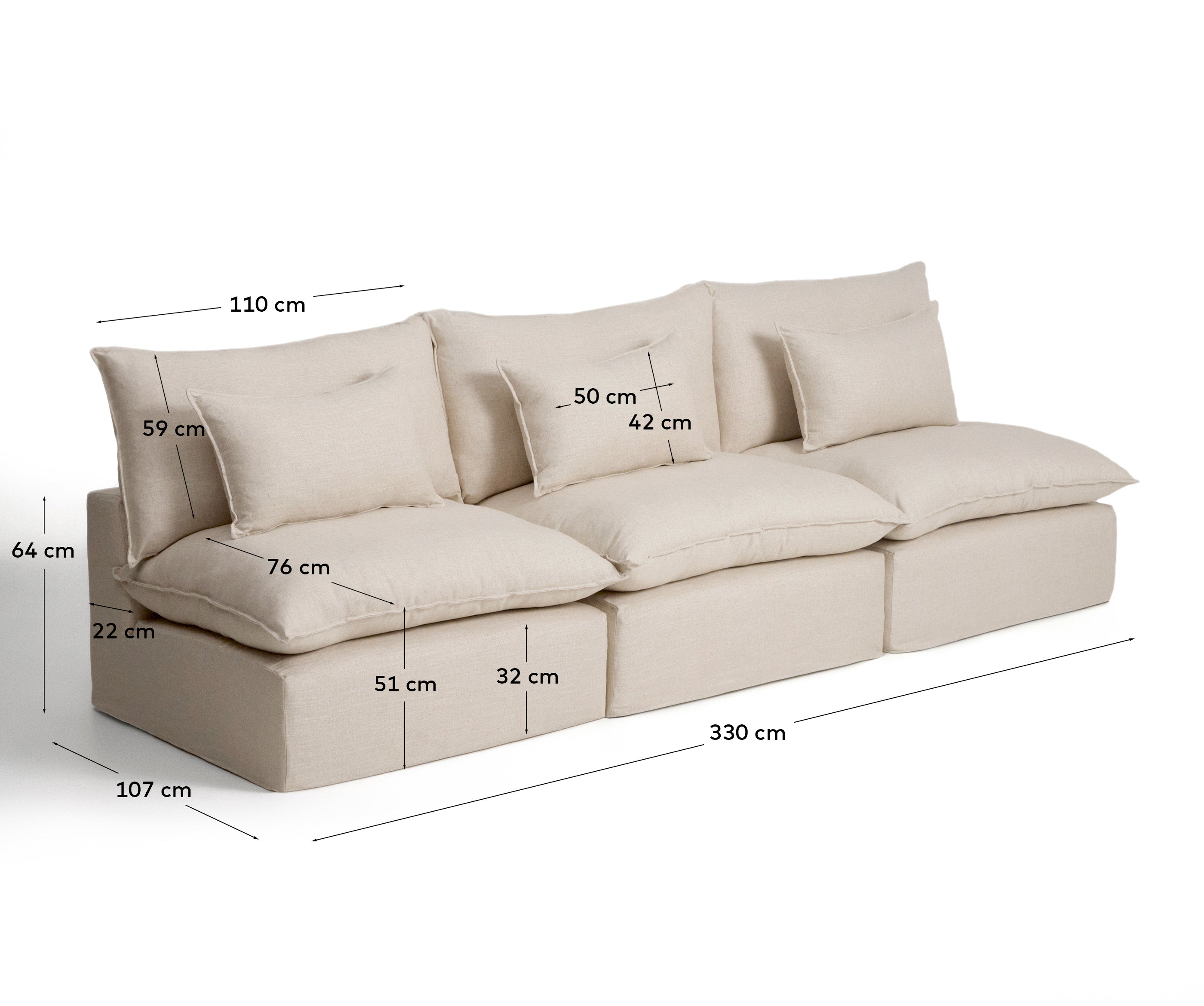 Beige 5-Sitzer-Modularsofa Anarela, 330 cm, aus Leinen und Viskose, stilvolles Design für komfortable und einladende Wohnbereiche.