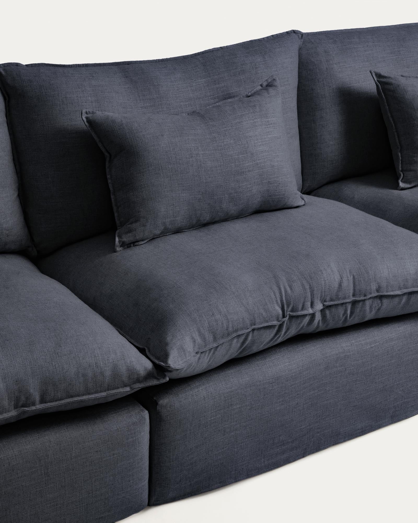Modulares 5-Sitzer-Sofa Anarela in Dunkelgrau, mit abnehmbarem Bezug aus Leinen und Viskose, perfekt für moderne Wohnkonzepte.