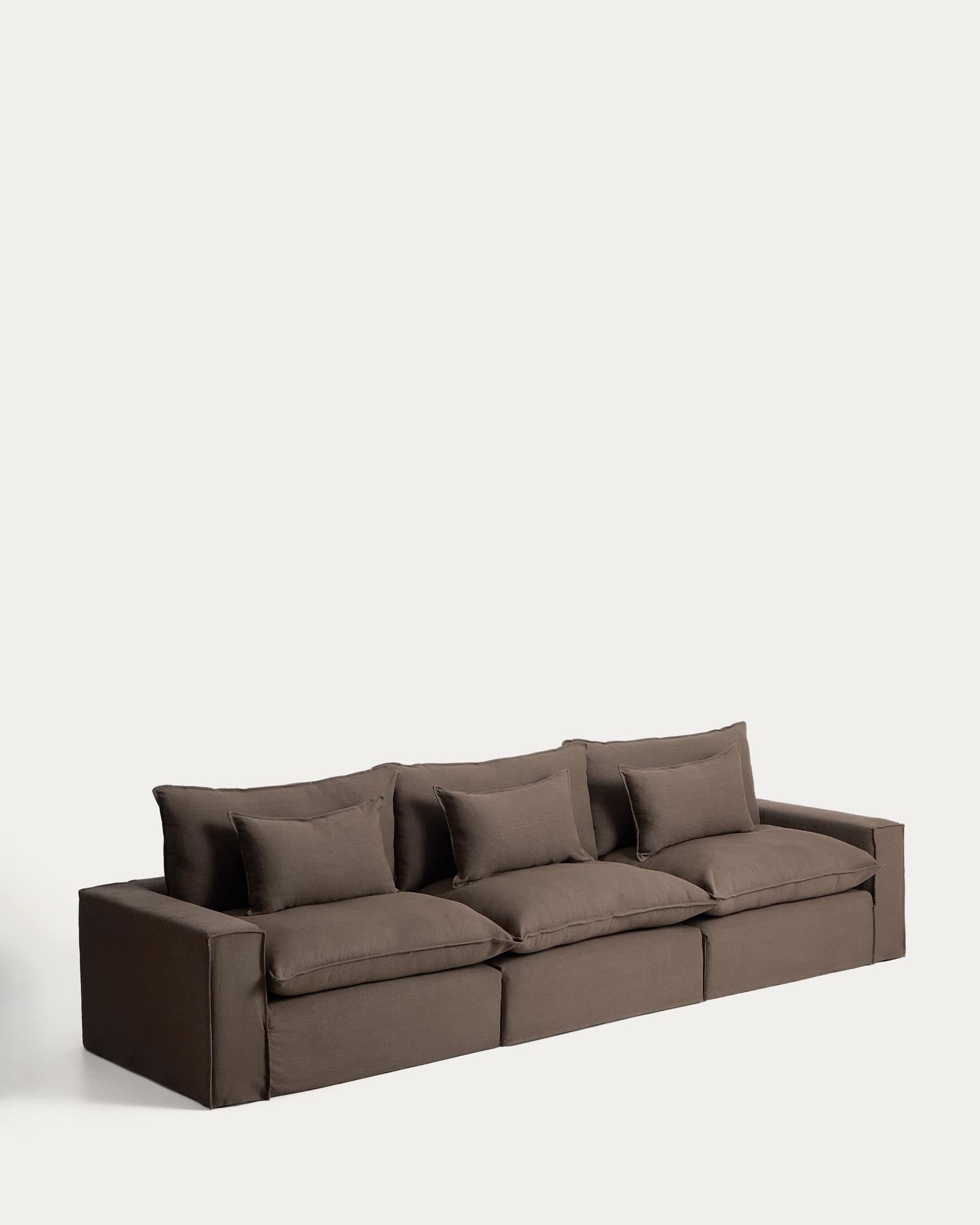 Modulares 5-Sitzer-Sofa Anarela in sanftem Taupe, gefertigt aus Leinen mit abnehmbarem Bezug, perfekt für moderne Wohnkonzepte.
