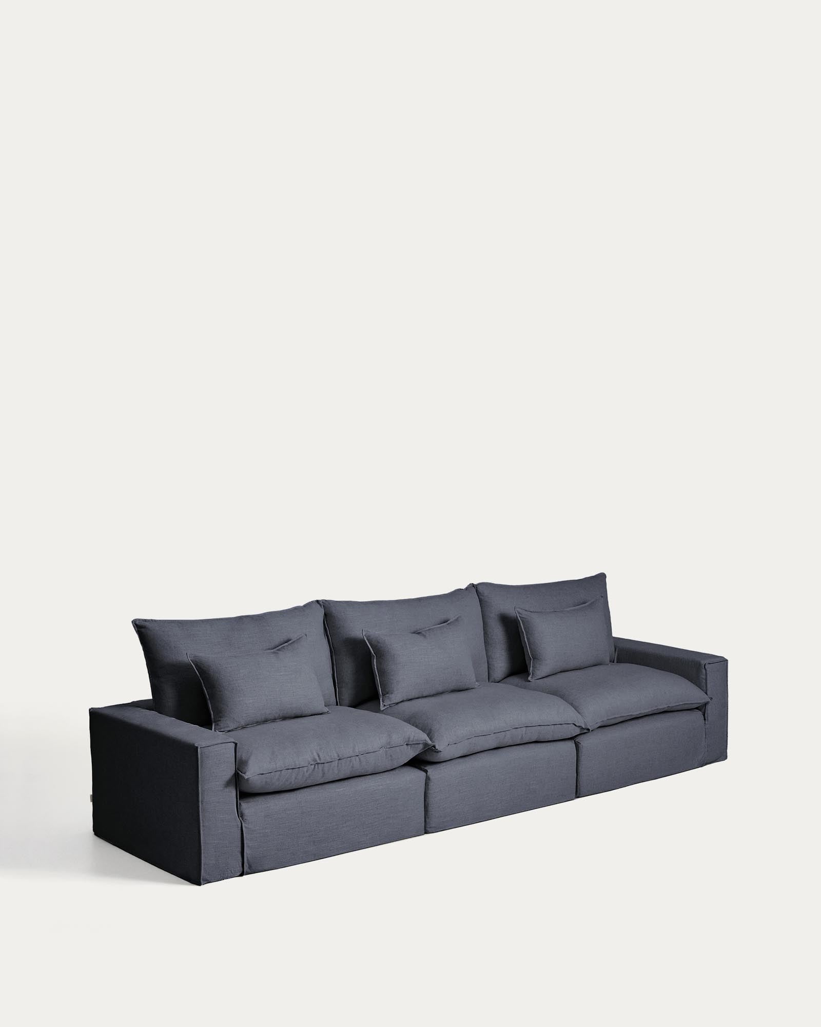 Modulares 5-Sitzer-Sofa Anarela in edlem Dunkelgrau, gefertigt aus Leinen und Viskose, perfekt für moderne Wohnkonzepte.