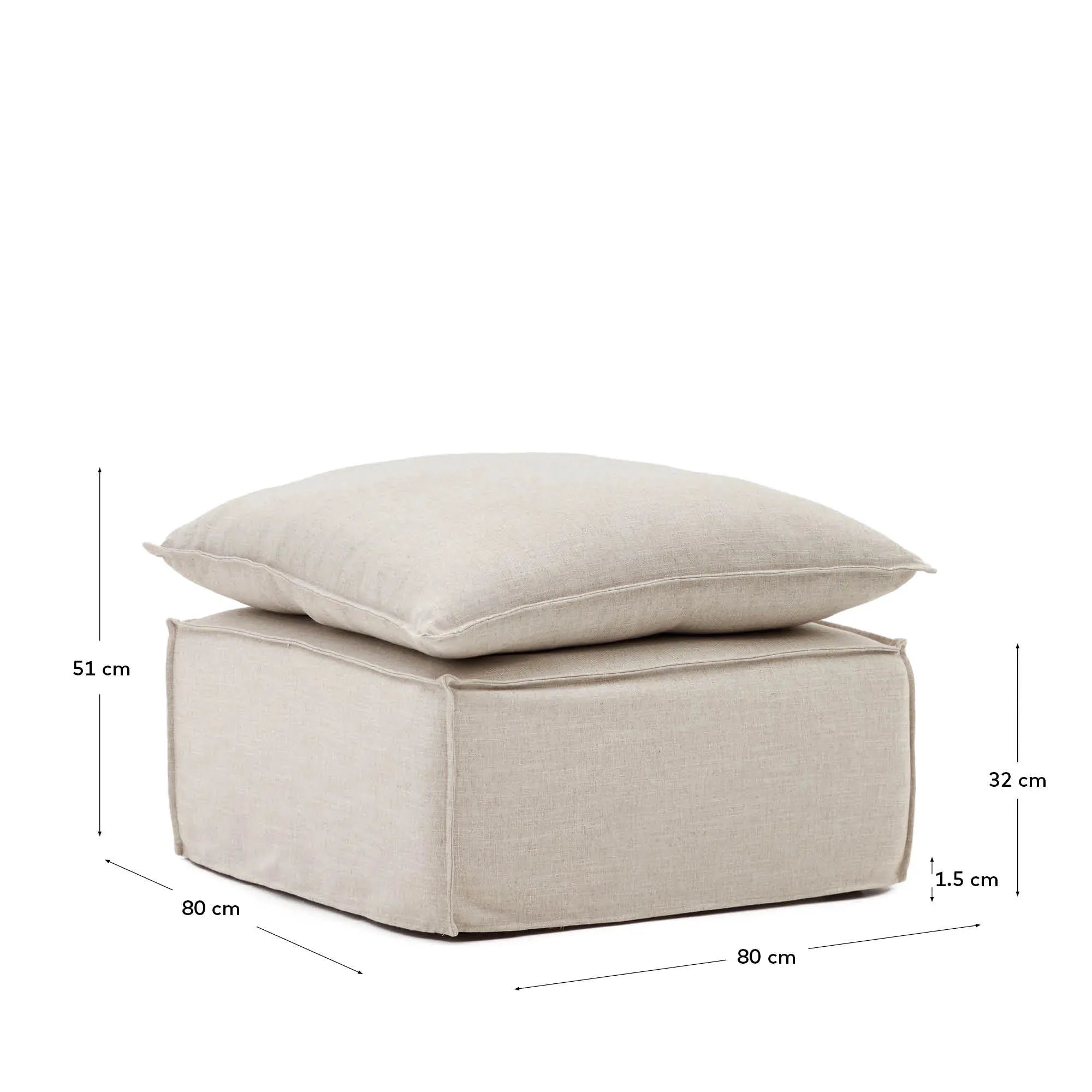 Die Anarela Fußablage von Kave Home, 80x80 cm, beige, mit abnehmbarem Leinenbezug und Kissen, bietet Komfort und modernes Design.