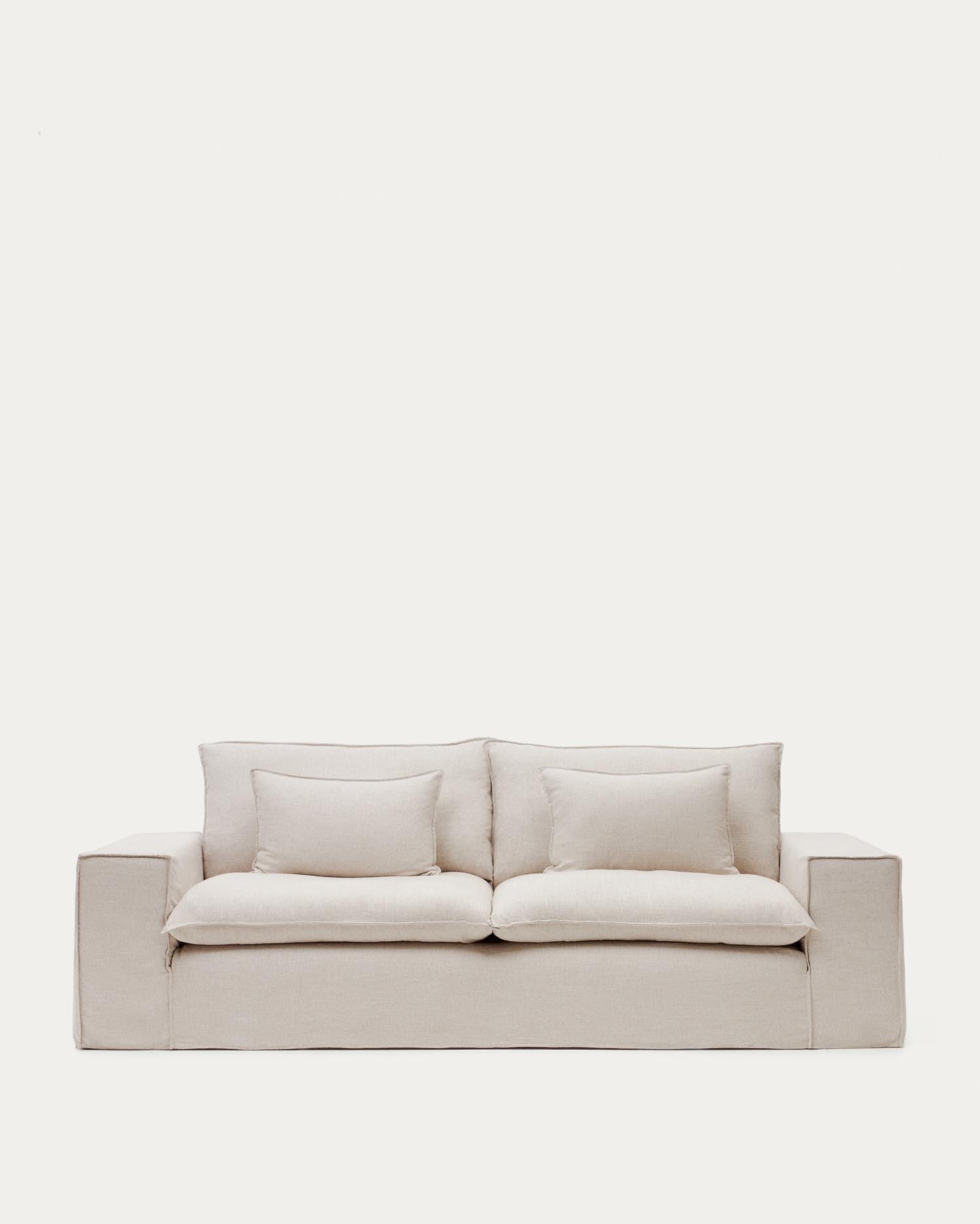 Verleihen Sie Ihrem 2-Sitzer-Sofa Anarela mit diesem beigen Leinenbezug von Kave Home neuen Glanz. Stilvoll, langlebig und umweltfreundlich!