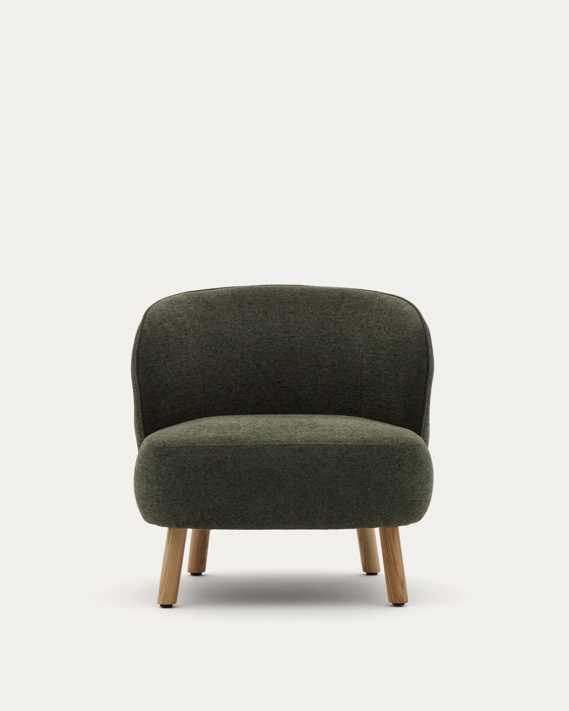 Ulit armchair in green chenille with solid beech wood legs in a natural finish