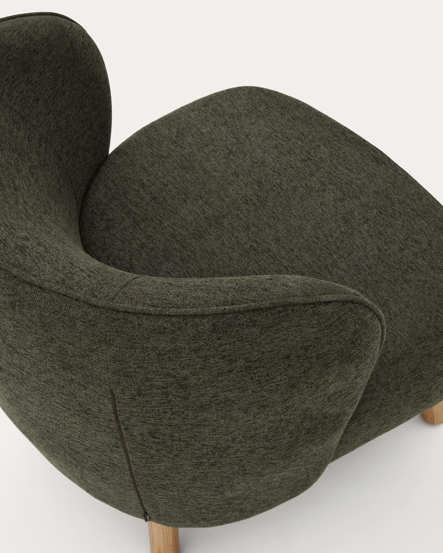 Ulit armchair in green chenille with solid beech wood legs in a natural finish