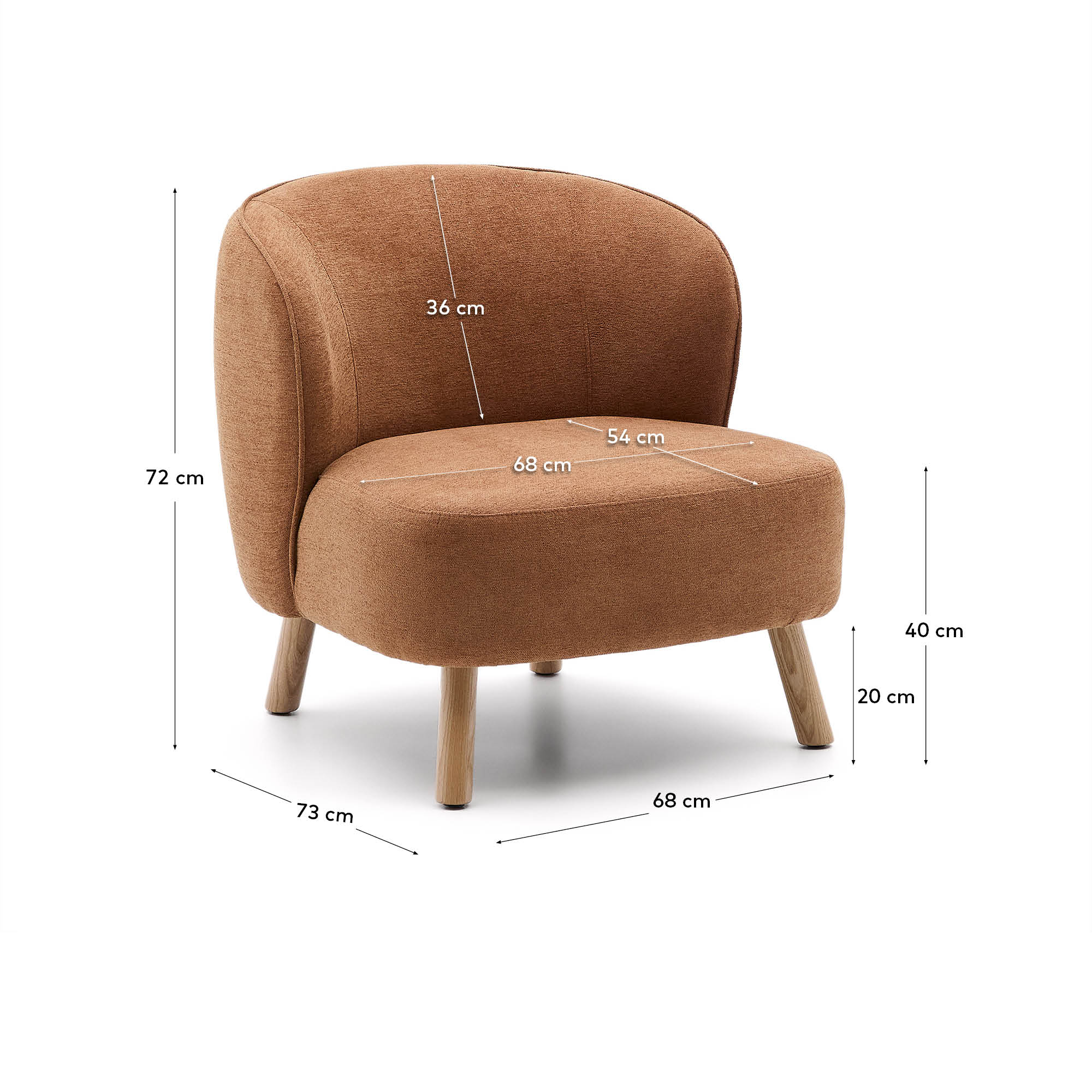 Ulit armchair made of terracotta<tc>ott</tc>a-colored chenille and legs made of solid beech wood with natural