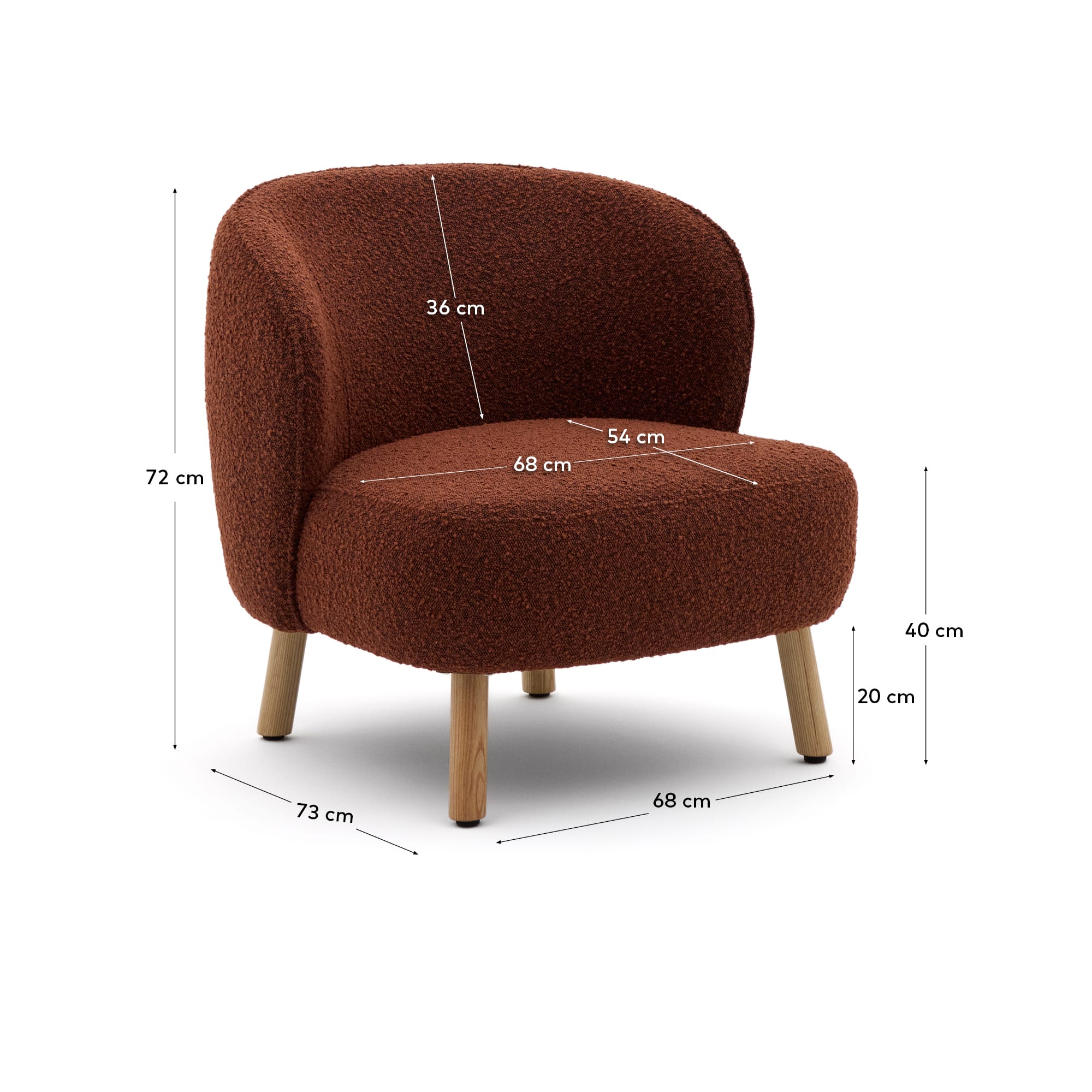 Ulit armchair made of terracotta<tc>ott</tc>a-colored sheepskin and legs made of solid beech wood with natural