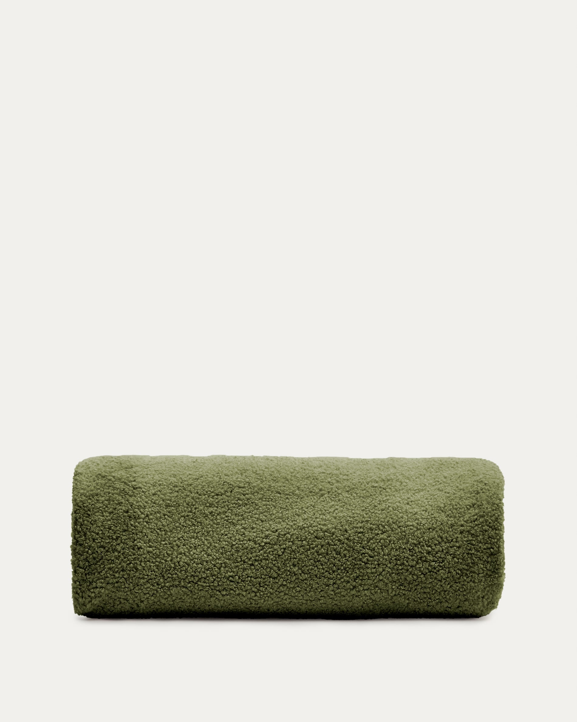 Grüner Bouclé-Bezug für den Kaeli-Fusshocker, Ø 120 cm, von Kave Home. Stilvolles Design und angenehme Haptik.