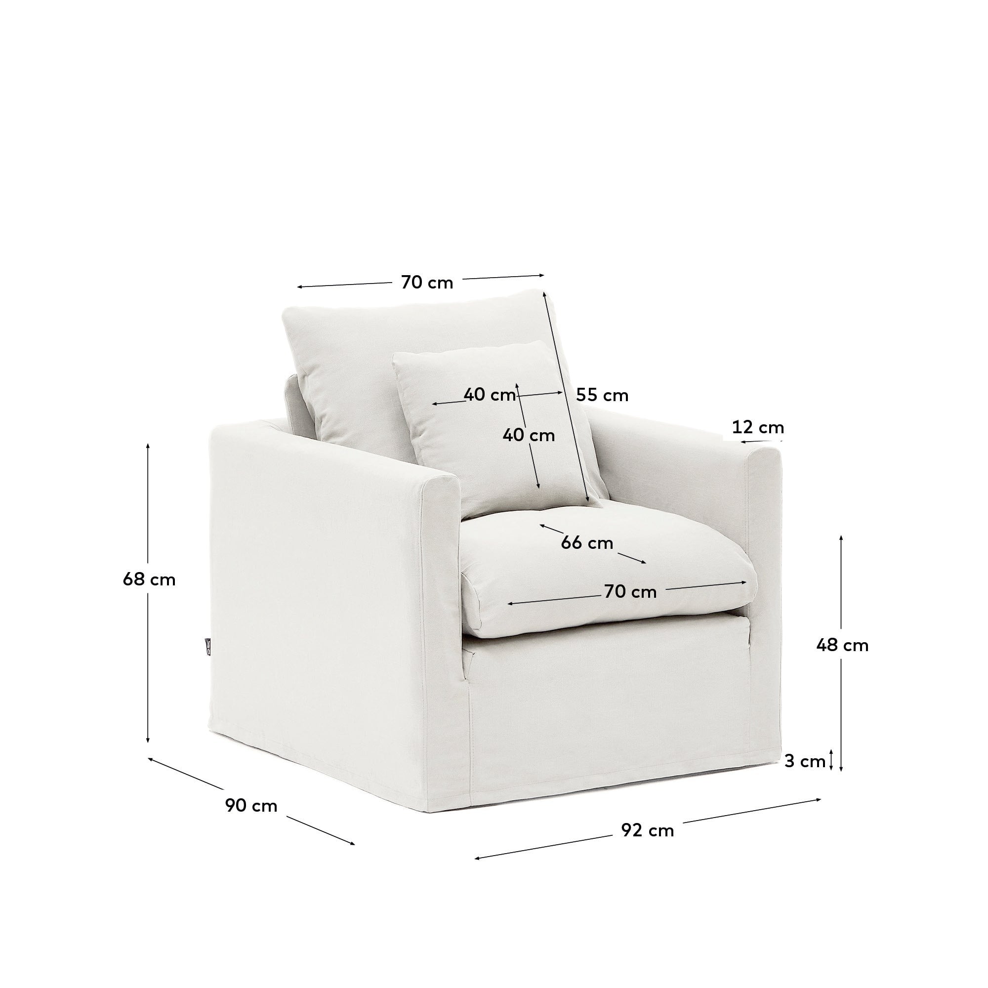 Sessel Nora mit abnehmbarem Bezug und Kissen aus Leinen und Baumwolle in Ecru 92 cm in Ecru präsentiert im Onlineshop von KAQTU Design AG. Sessel ist von Kave Home