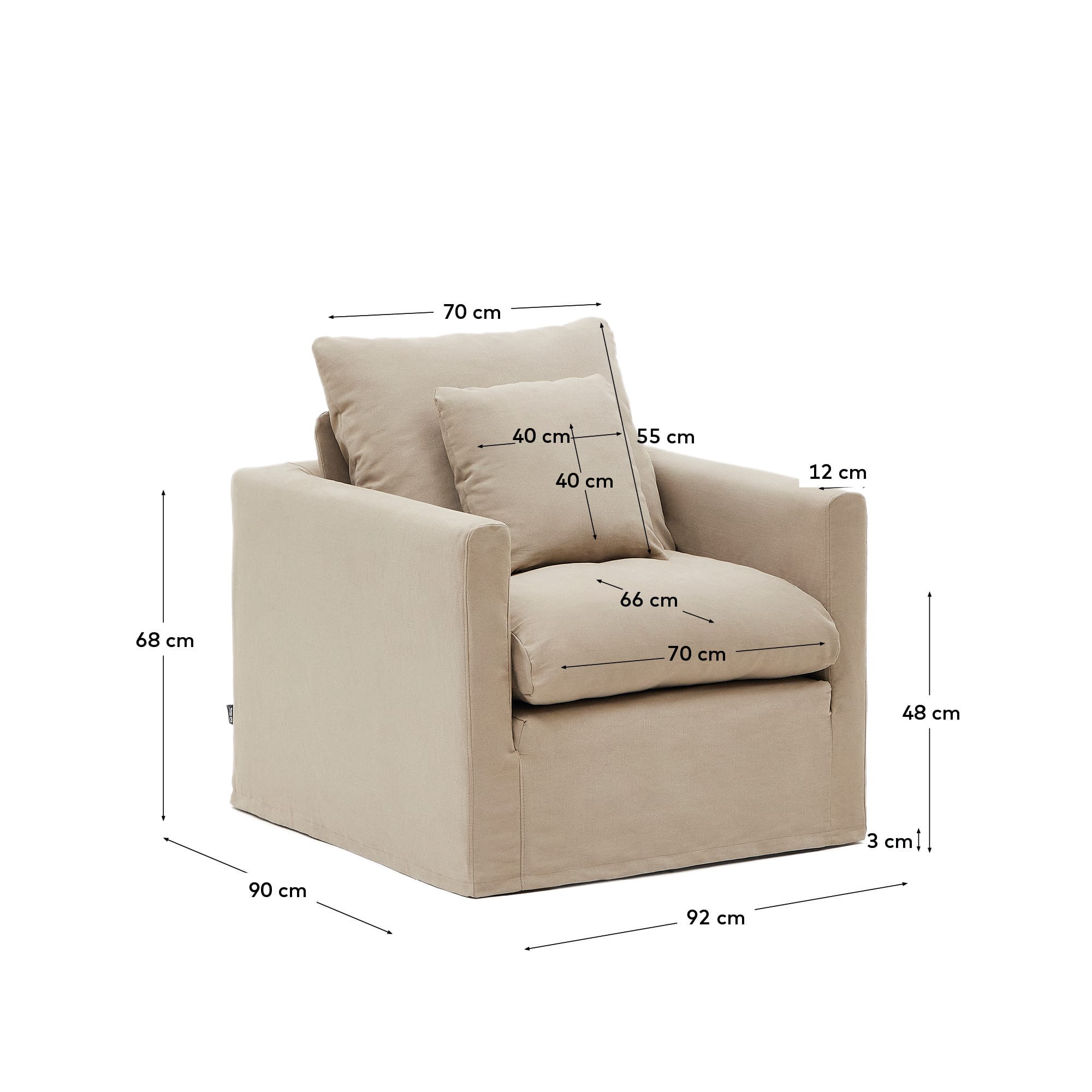 Nora Sessel von Kave Home, 92 cm, mit abziehbarem Kissenbezug aus Leinen und Baumwolle in Taupe, perfekt für modernes Wohnen.