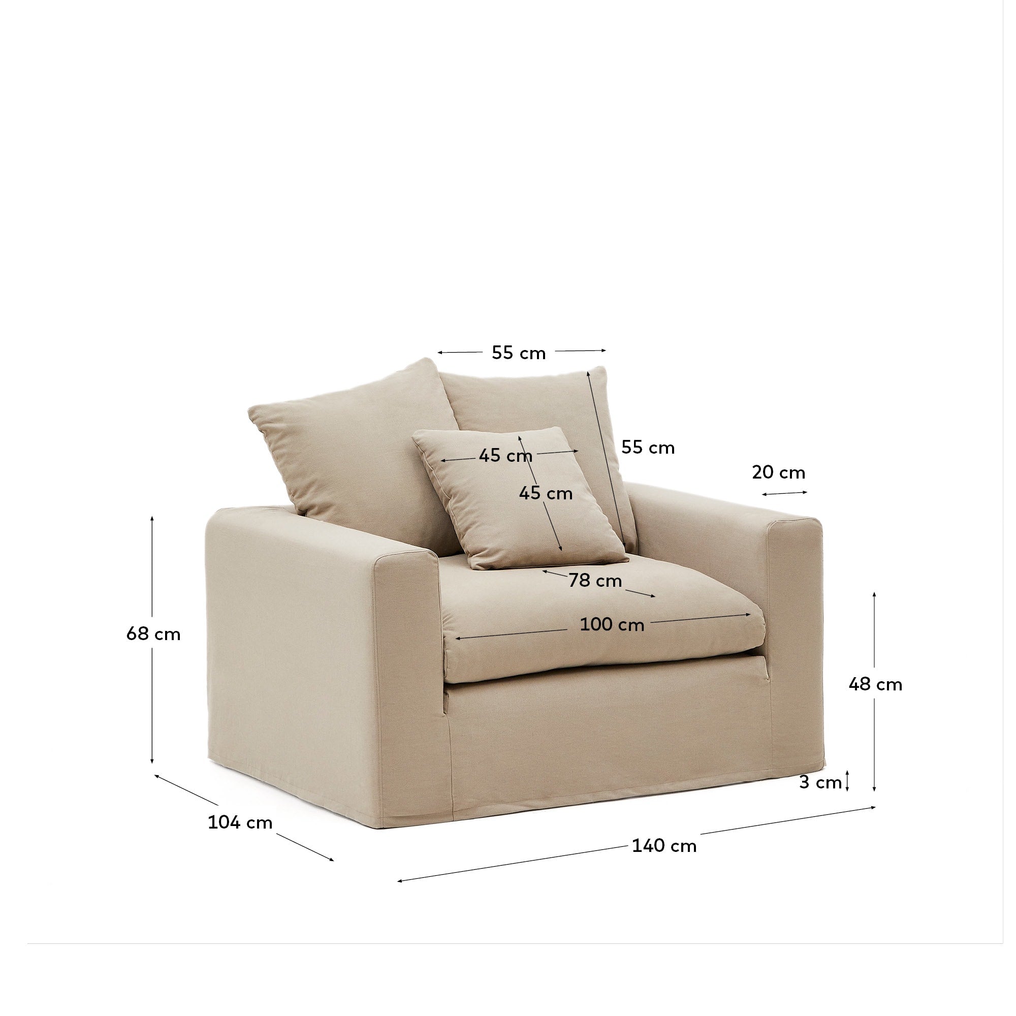 Nora Sessel von Kave Home, 140 cm, mit abziehbarem Kissenbezug aus Leinen und Baumwolle in Taupe, perfekt für modernes Wohnen.