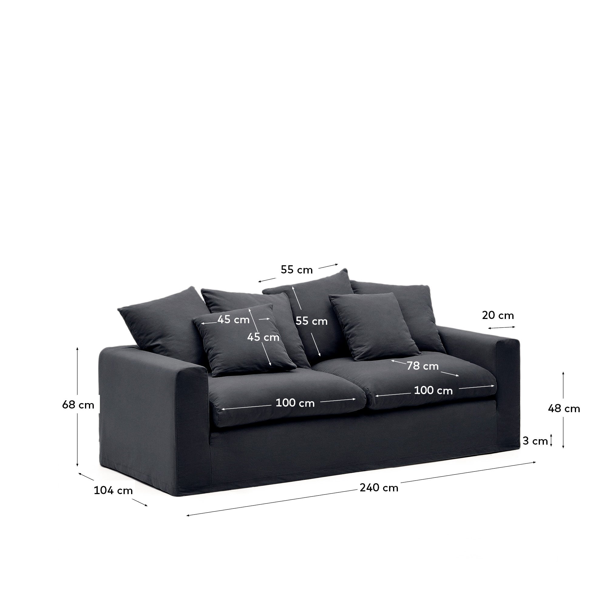 Das Nora Sofa von Kave Home: Eleganz trifft Komfort. Anthrazitgrau, 240 cm, abziehbare Bezüge aus Leinen-Baumwollmix.