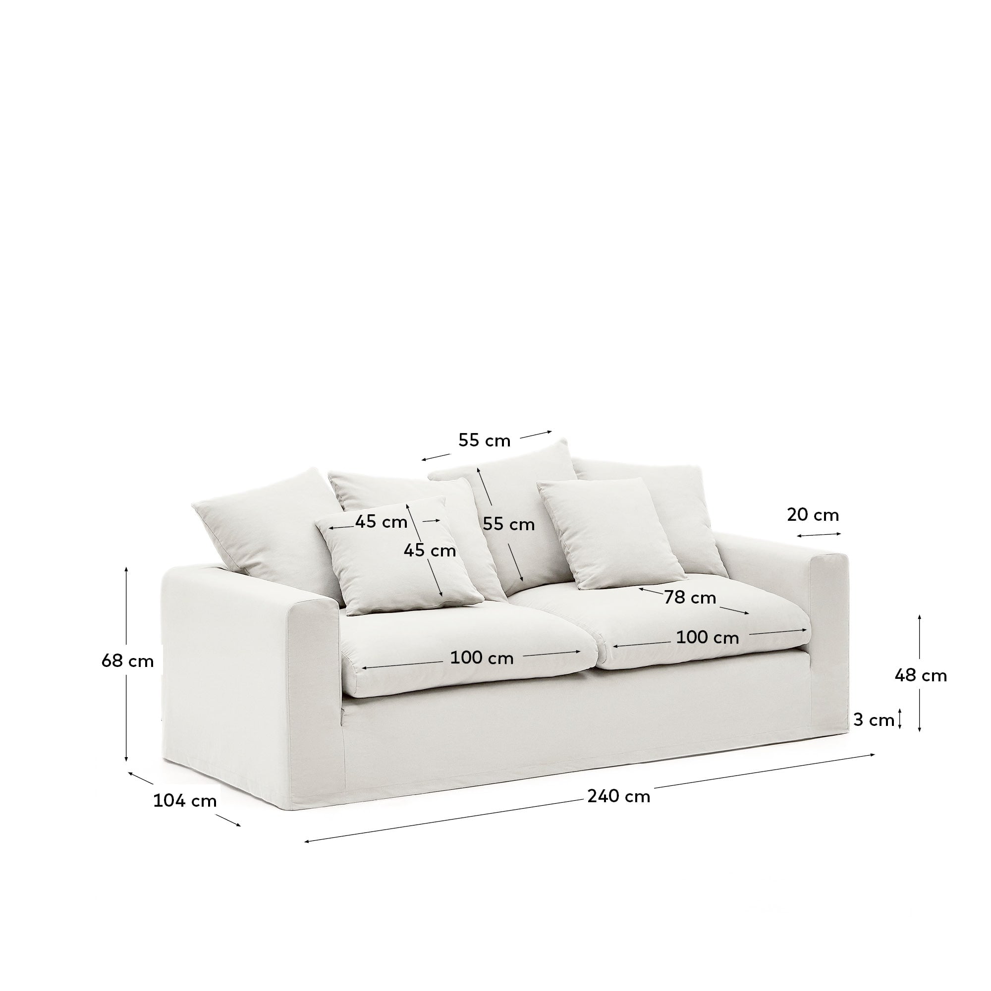 Elegantes 3-Sitzer Sofa mit abnehmbaren Leinen-Baumwollbezügen, 240 cm breit, für stilvolle und komfortable Wohnräume.