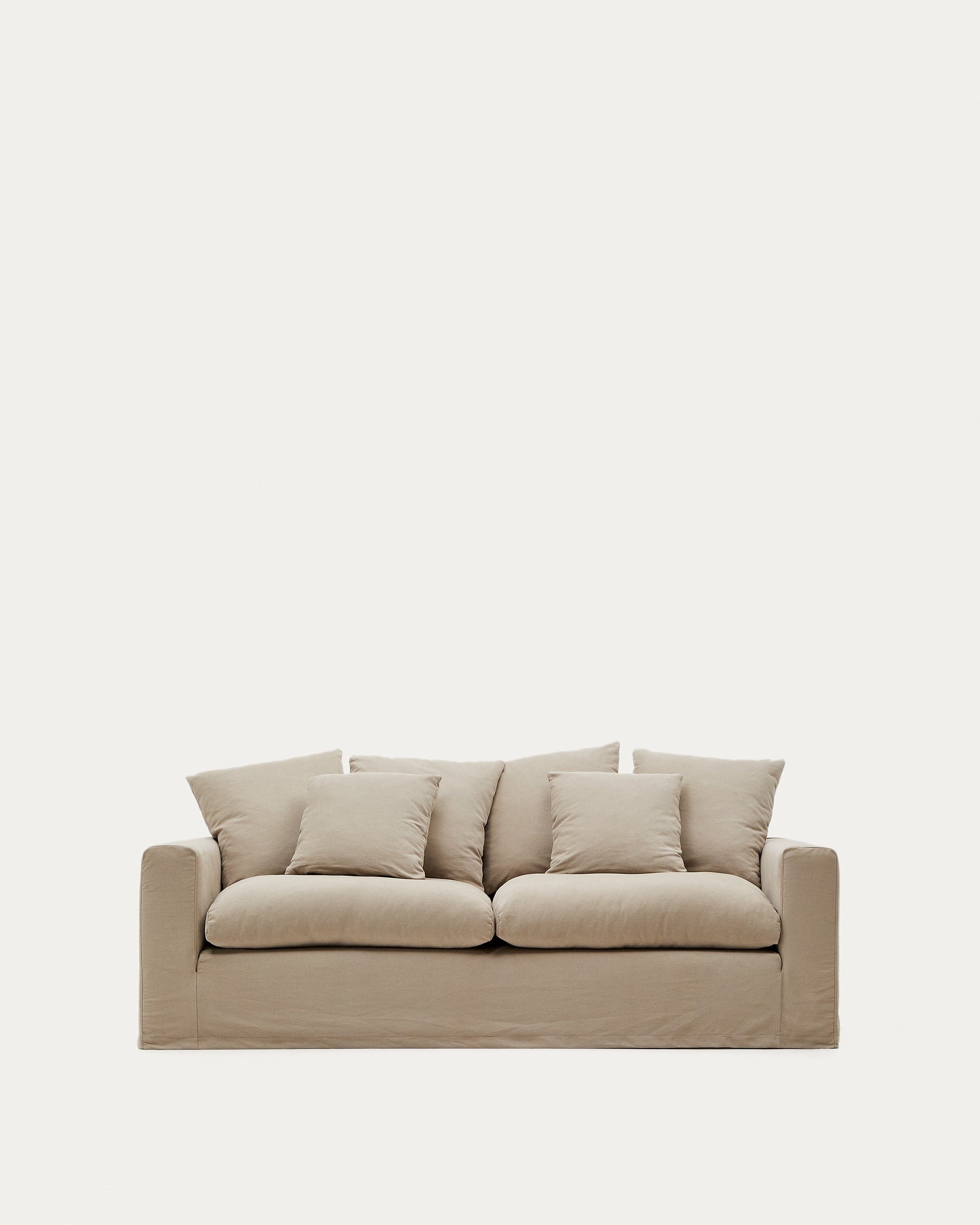 Elegantes Nora 3-Sitzer Sofa in Taupe, 240 cm. Abziehbare Leinen-Baumwollbezüge, modern, pflegeleicht, langlebig. Perfekt für stilvolle Wohnzimmer.