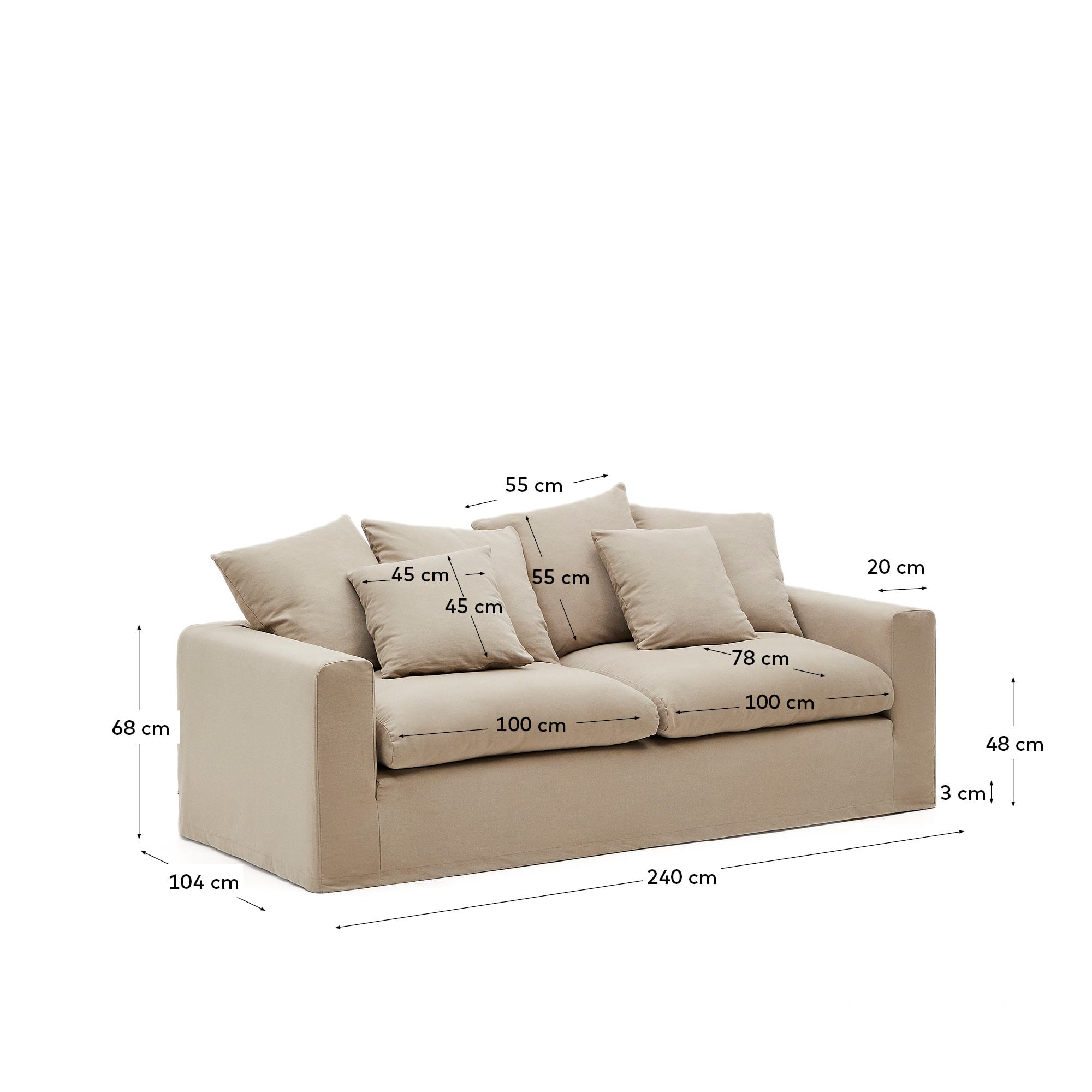 Elegantes 3-Sitzer Sofa in Taupe, 240 cm breit, mit abziehbaren Leinen-Baumwollbezügen für stilvollen Komfort.