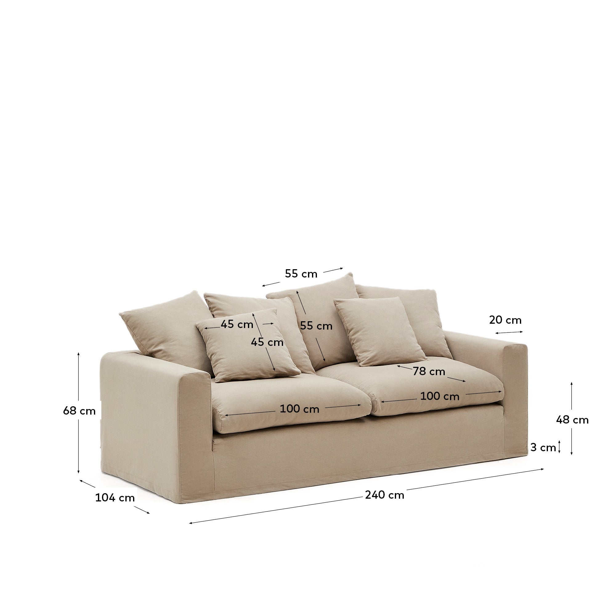 Nora 3-Sitzer-Sofa, 240 cm, mit abnehmbaren Kissenbezügen aus Leinen und Baumwolle in Taupe, perfekt für modernes Wohnen.