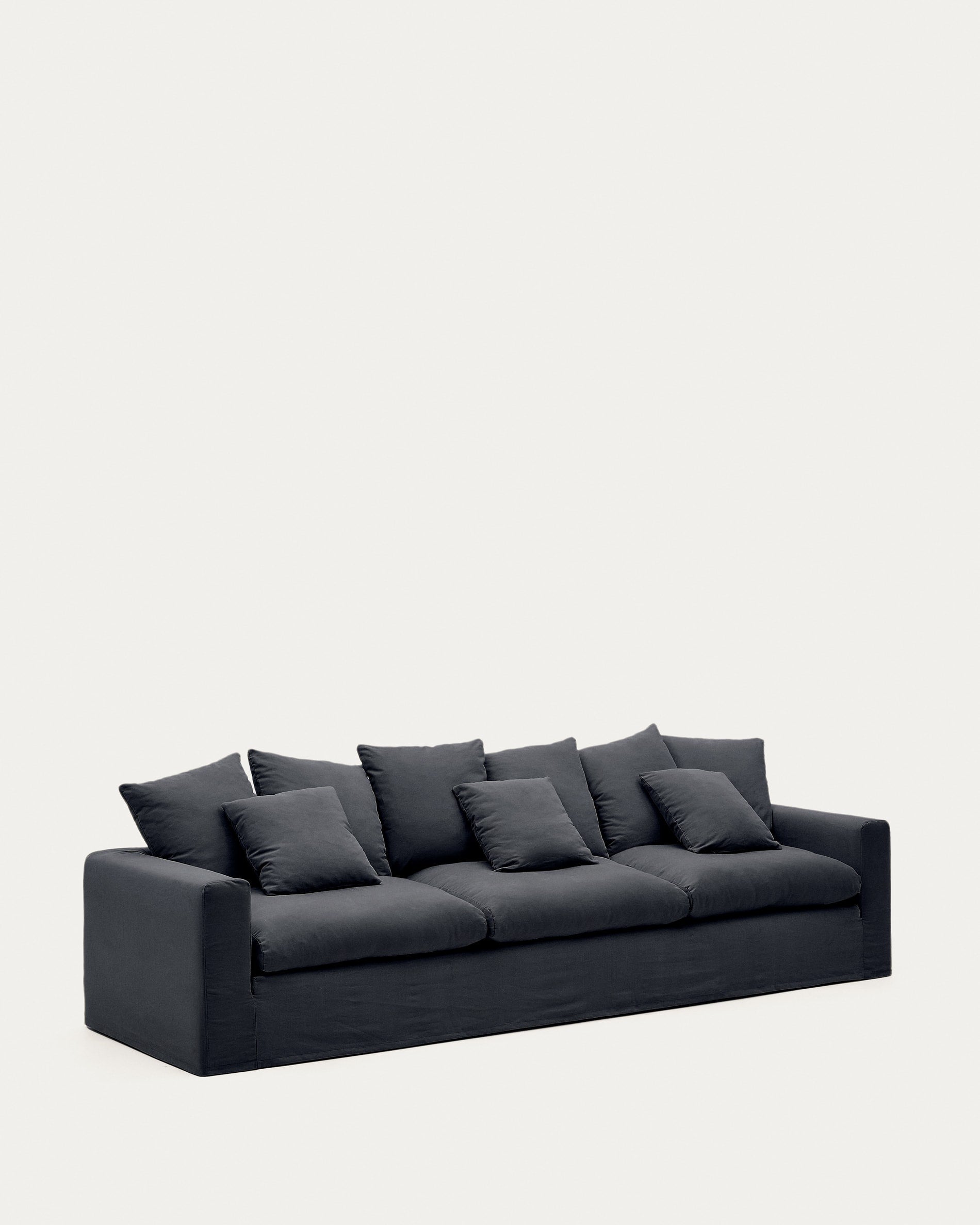 Nora 4-Sitzer Sofa, 340 cm, anthrazitgrau, mit abnehmbaren Bezügen aus Leinen und Baumwolle, vereint Komfort und modernes Design.