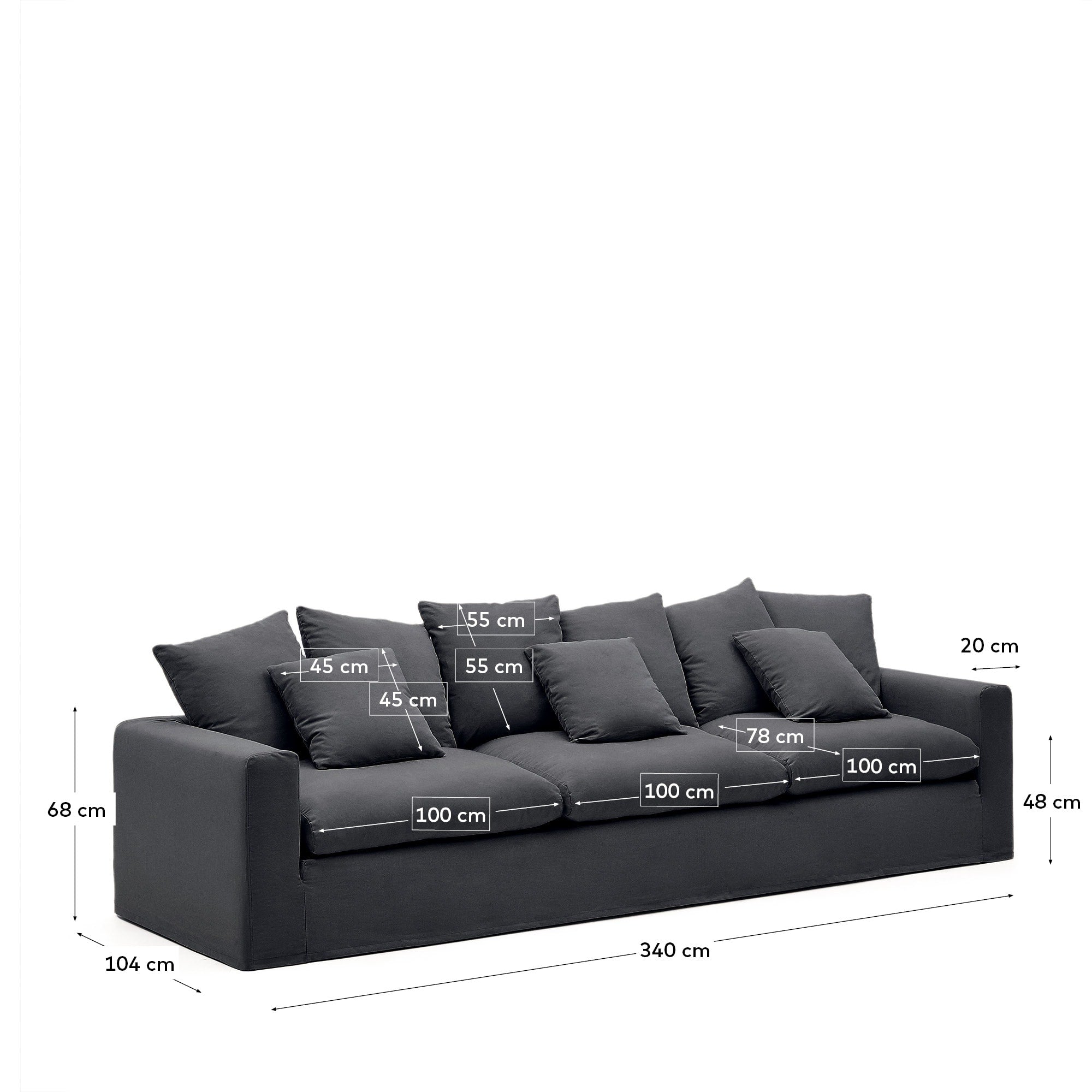 Elegantes 4-Sitzer Sofa in Anthrazitgrau, 340 cm breit, mit abziehbaren Leinen-Baumwollbezügen für stilvollen Komfort.