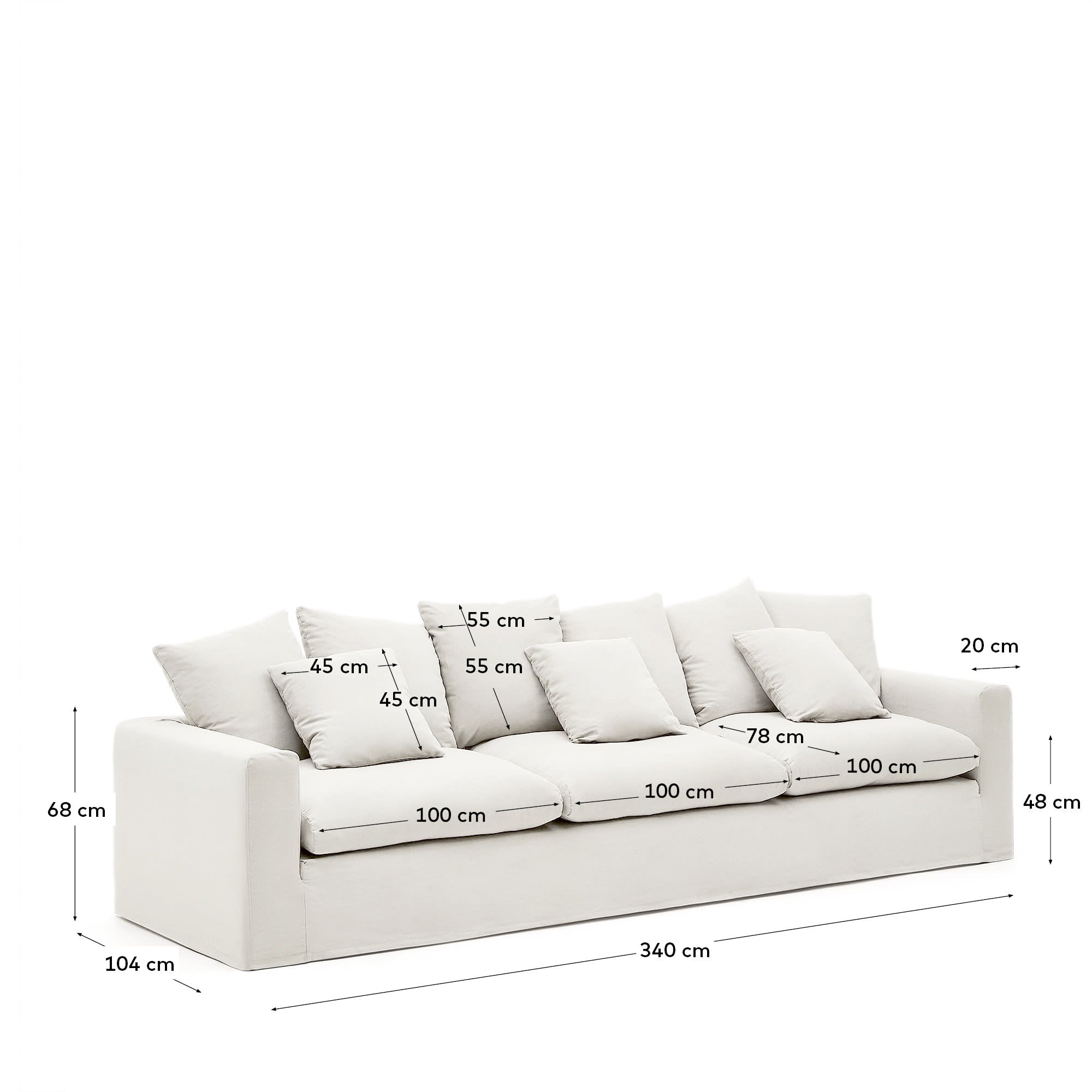 Nora 4-Sitzer Sofa, 340 cm, naturfarben, mit abnehmbaren Bezügen aus Leinen und Baumwolle, ideal für stilvolle Wohnräume.