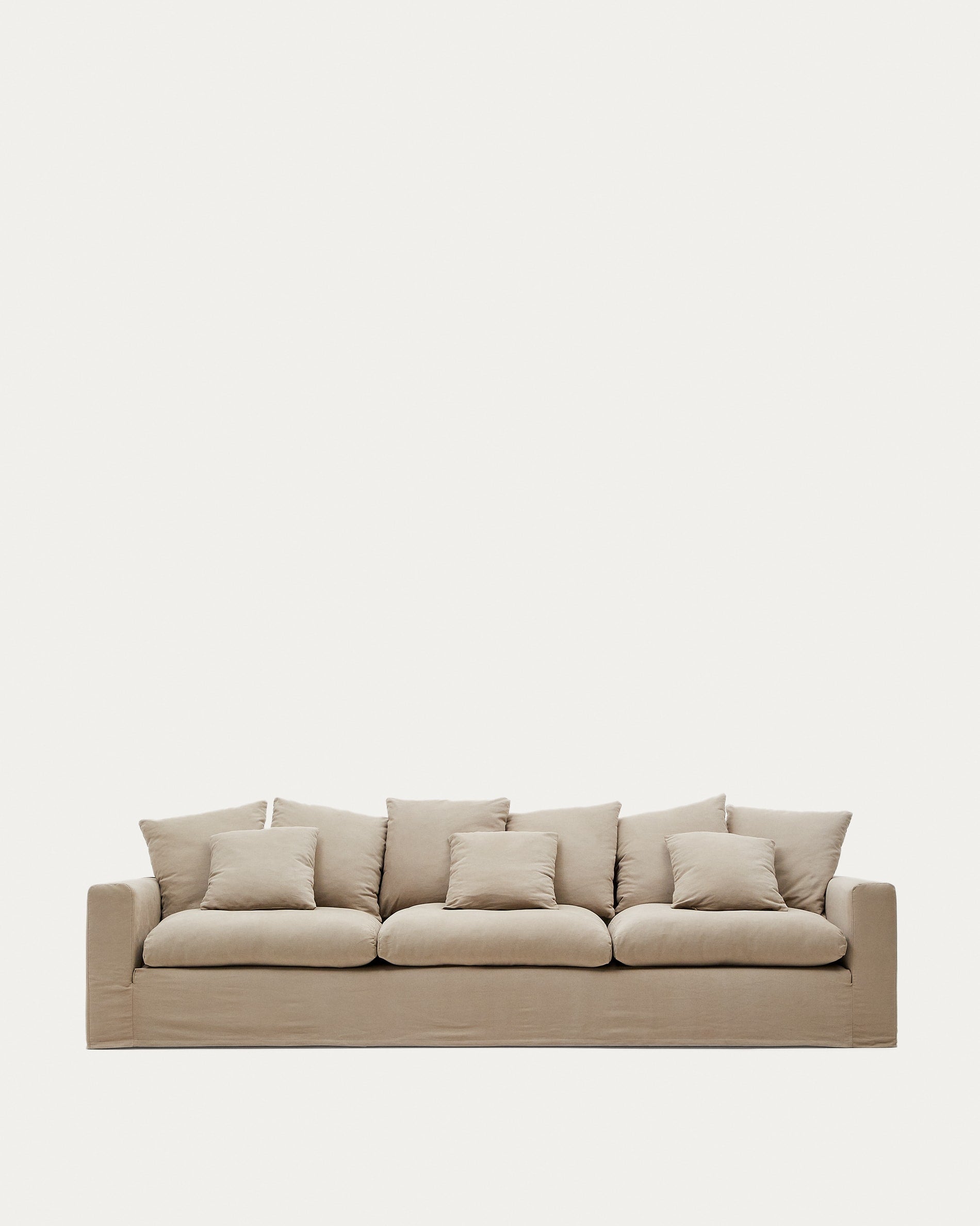 Elegantes Nora 4 Sitzer Sofa in Taupe, 340 cm breit, mit abziehbaren Leinen-Baumwollbezügen für Stil und Komfort.