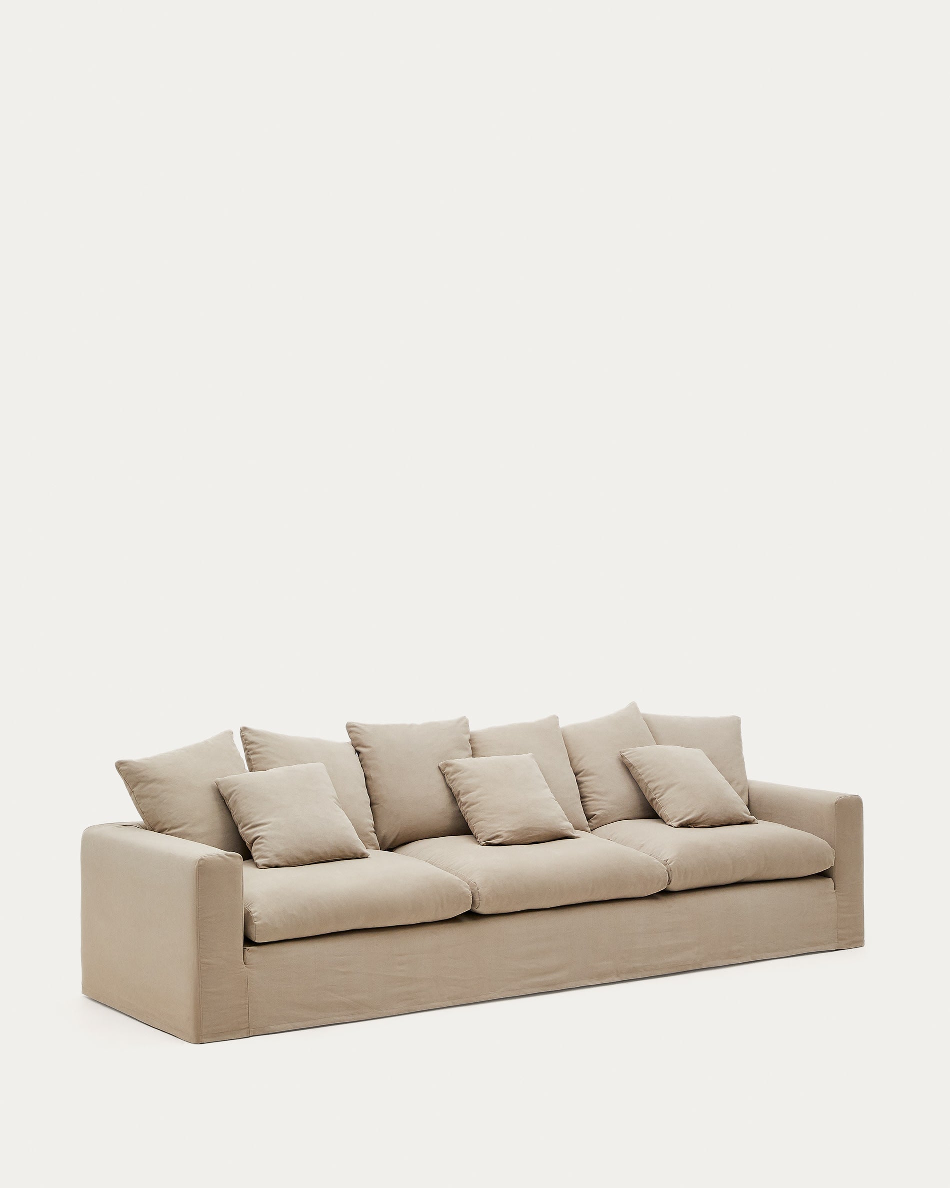 Elegantes 4-Sitzer Sofa in Taupe, 340 cm breit, mit abziehbaren Leinen-Baumwollbezügen für stilvollen Komfort.