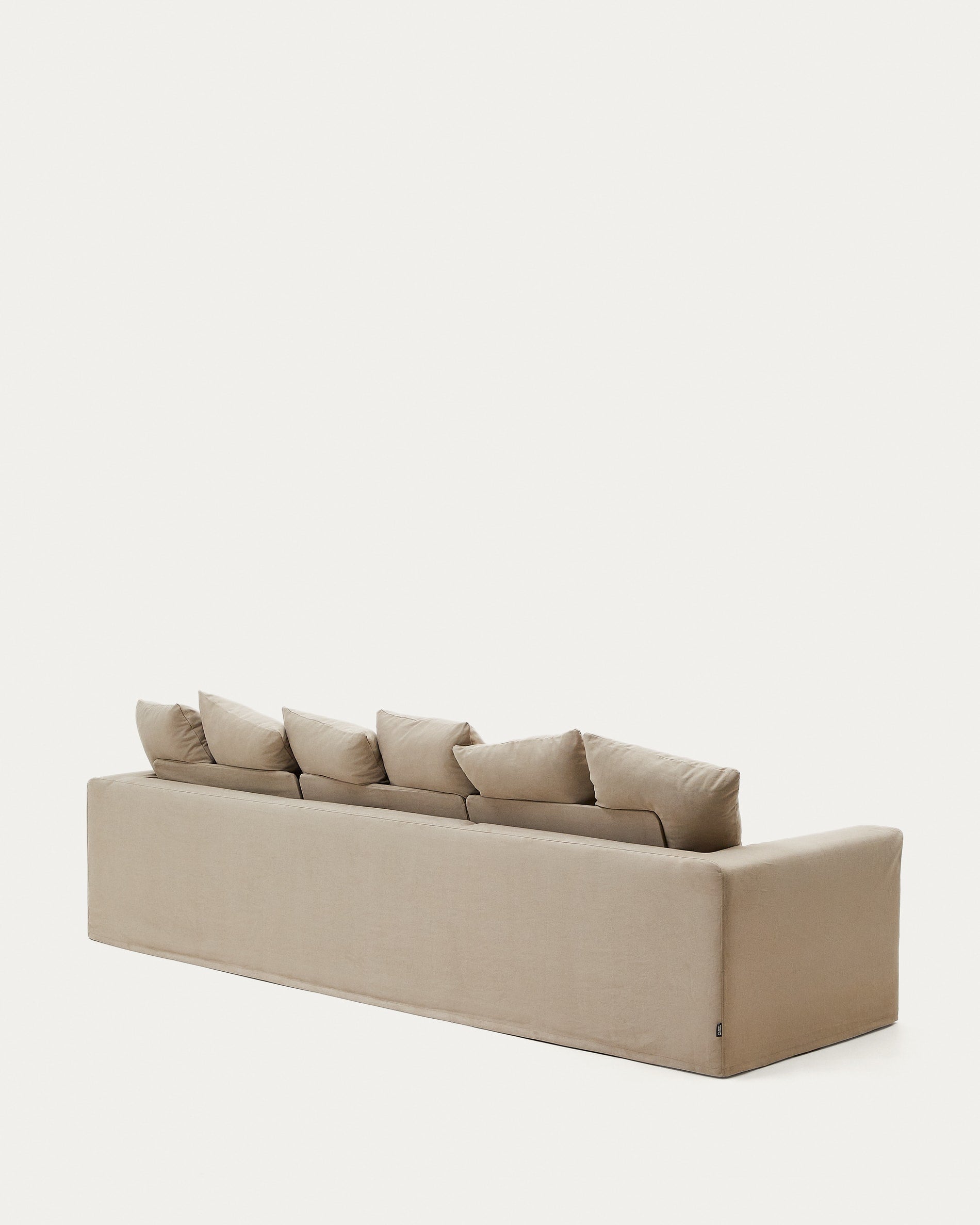 Elegantes 4-Sitzer Sofa in Taupe, 340 cm breit, mit abziehbaren Leinen-Baumwollbezügen für stilvollen Komfort.