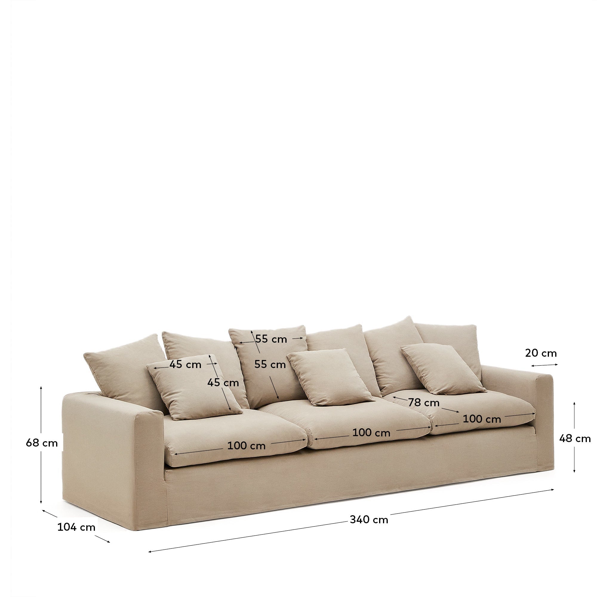 Nora 4-Sitzer Sofa, 340 cm, mit abnehmbaren Kissenbezügen aus Leinen und Baumwolle in Taupe, stilvoll von Kave Home.