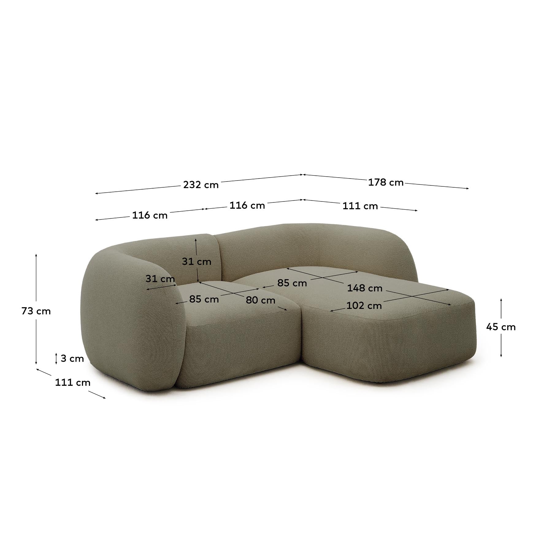 2-Sitzer-Modularsofa Martina mit Chenille und Chaiselongue rechts in Grün 230 cm in Grün präsentiert im Onlineshop von KAQTU Design AG. L-Sofa rechts ist von Kave Home
