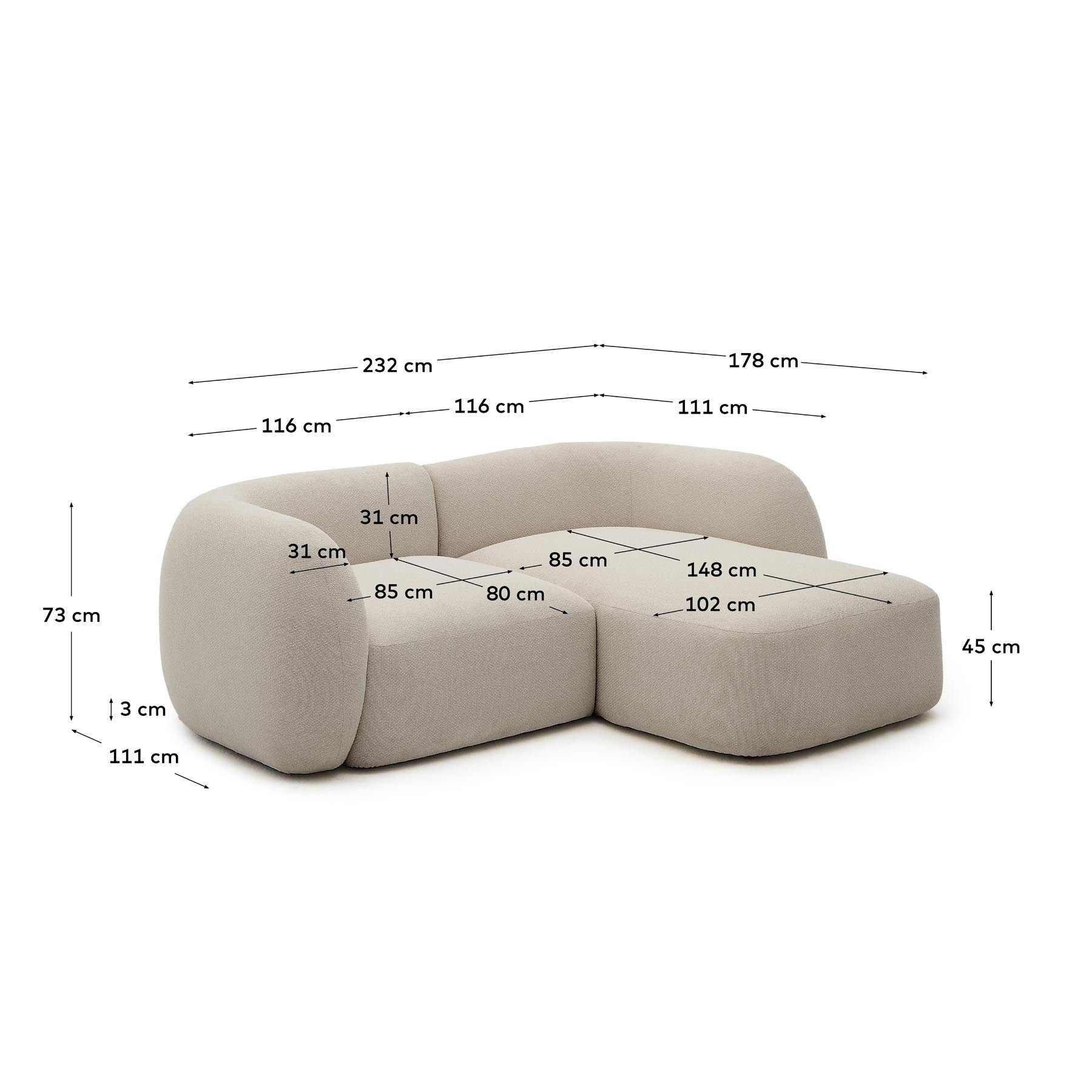 2-Sitzer-Modularsofa Martina mit Chenille und Chaiselongue rechts in Steinton 230 cm in Steinfarben präsentiert im Onlineshop von KAQTU Design AG. L-Sofa rechts ist von Kave Home