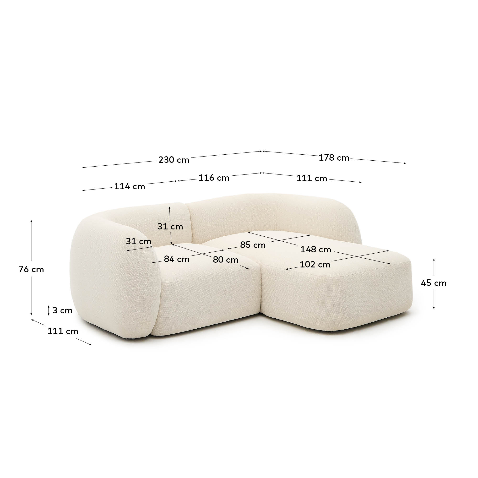 Elegantes 2-Sitzer-Sofa in Ecru, modular und komfortabel, mit rechter Chaiselongue, ideal für stilvolle Räume.