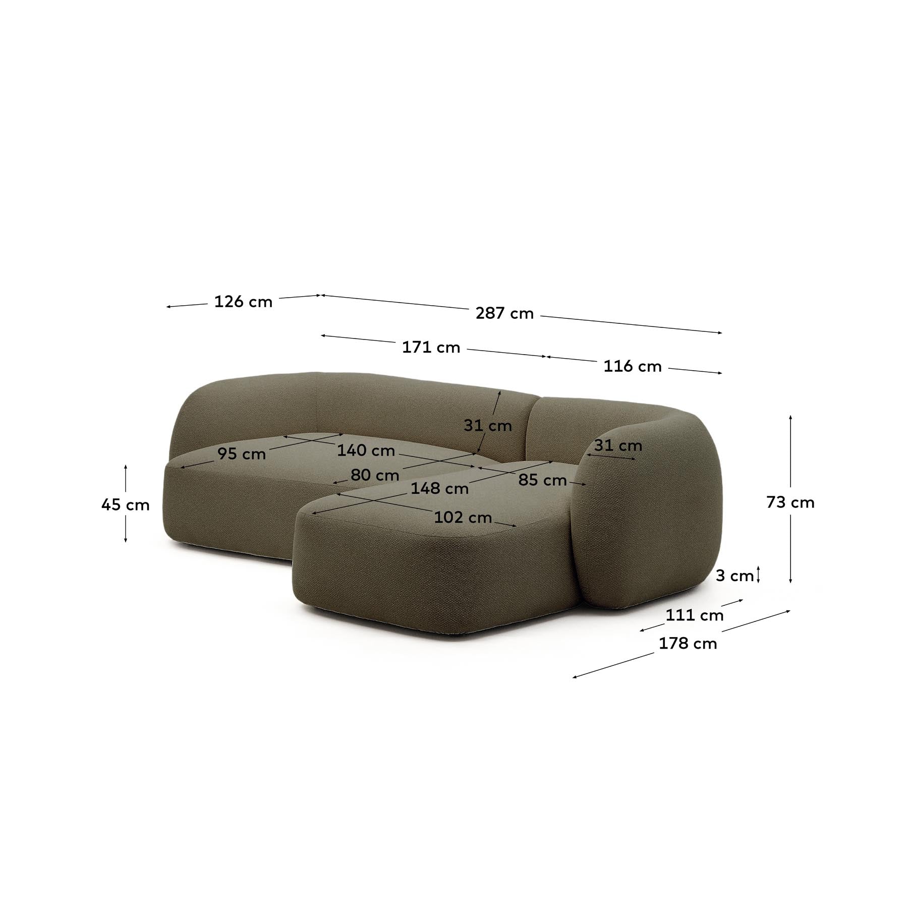 3-Sitzer-Modularsofa Martina mit Chenille und Chaiselongue rechts in Grün 287 cm in Grün präsentiert im Onlineshop von KAQTU Design AG. L-Sofa rechts ist von Kave Home